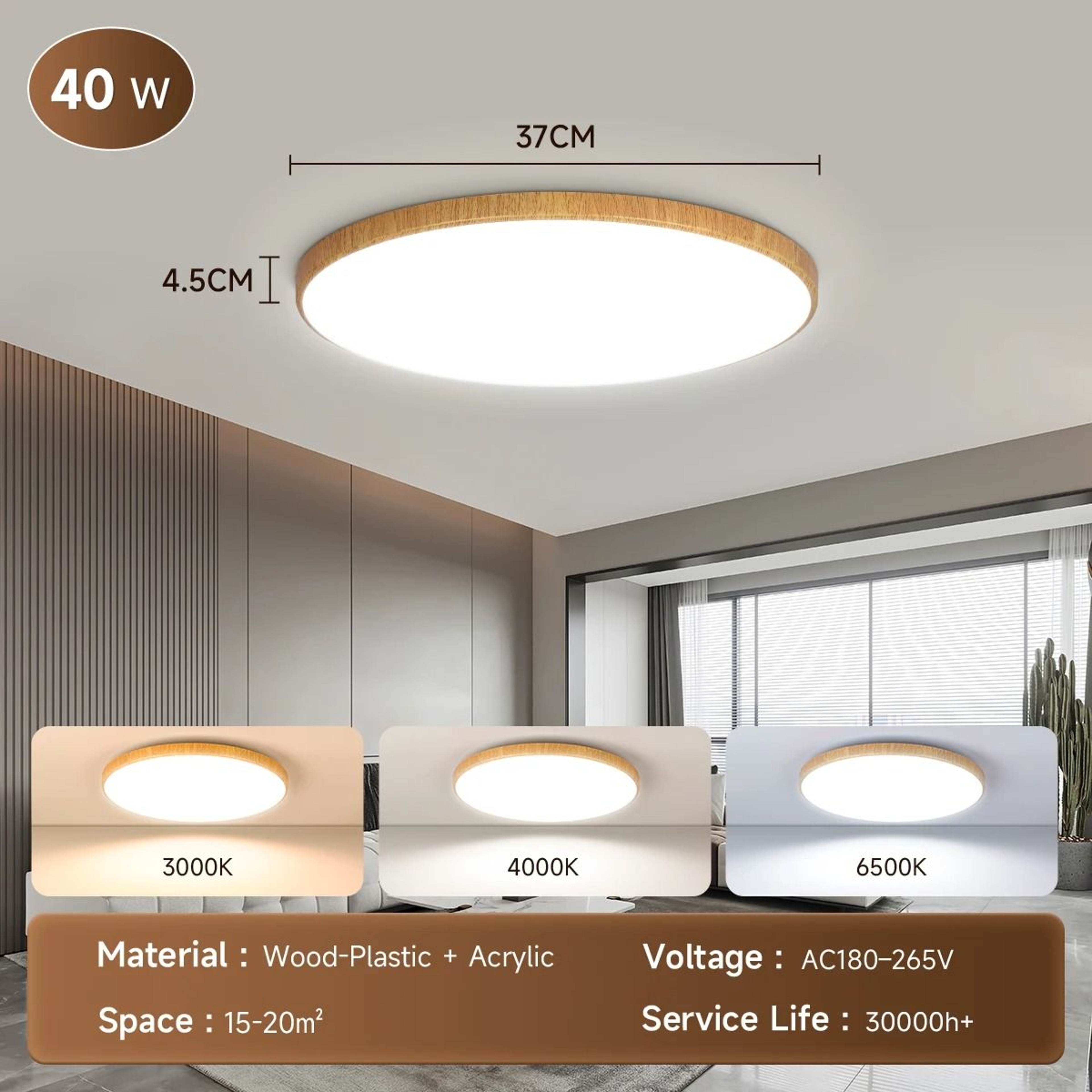 Modern Wood Grain LED Ceiling Light Tricolor Panel Lamp Chandelier Living Room Bedroom Kitchen 8