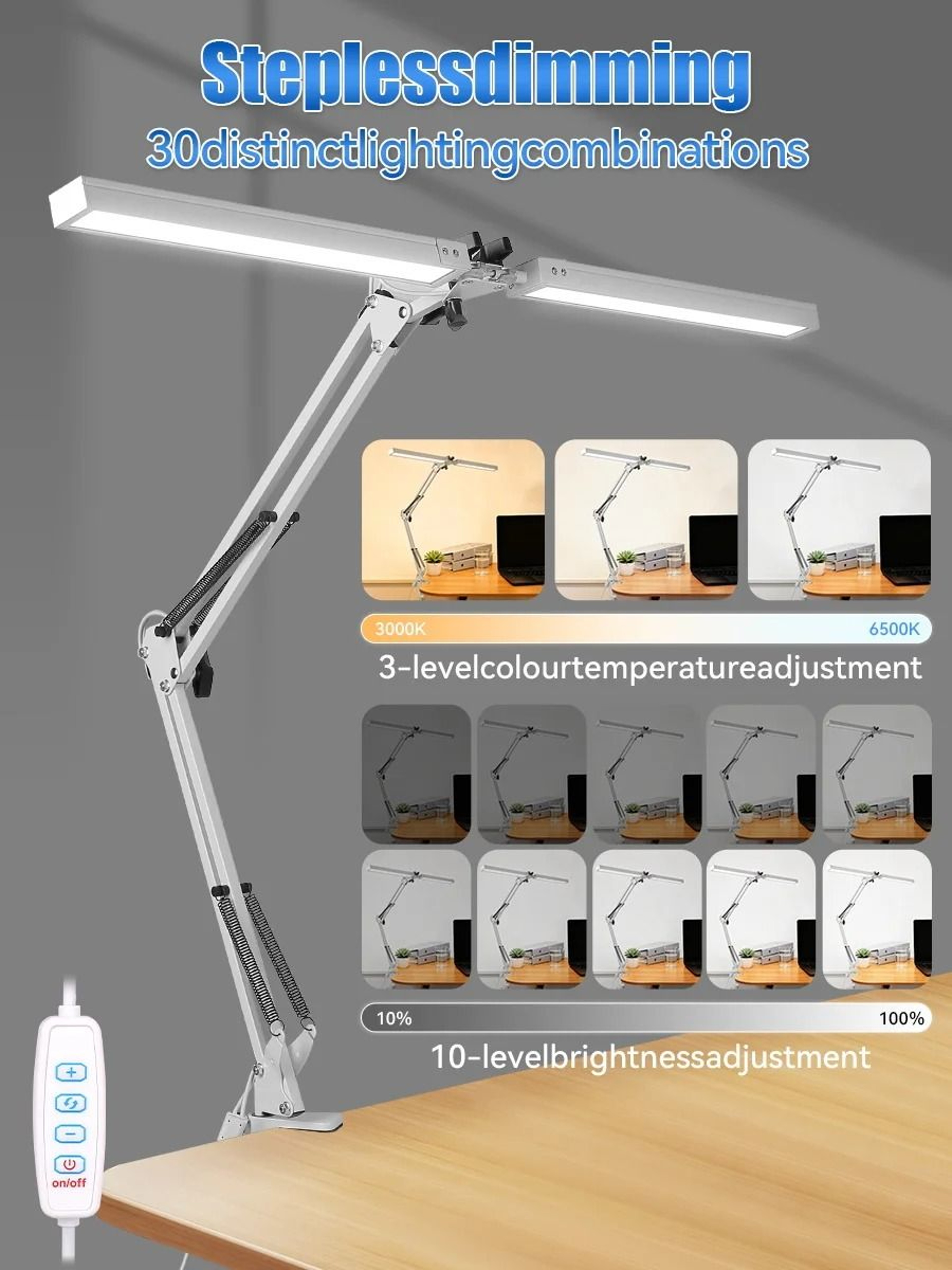 Stepless Dimmable Double Head LED Desk Lamp USB Powered Monitor Light Office Study Reading Table Fi 3