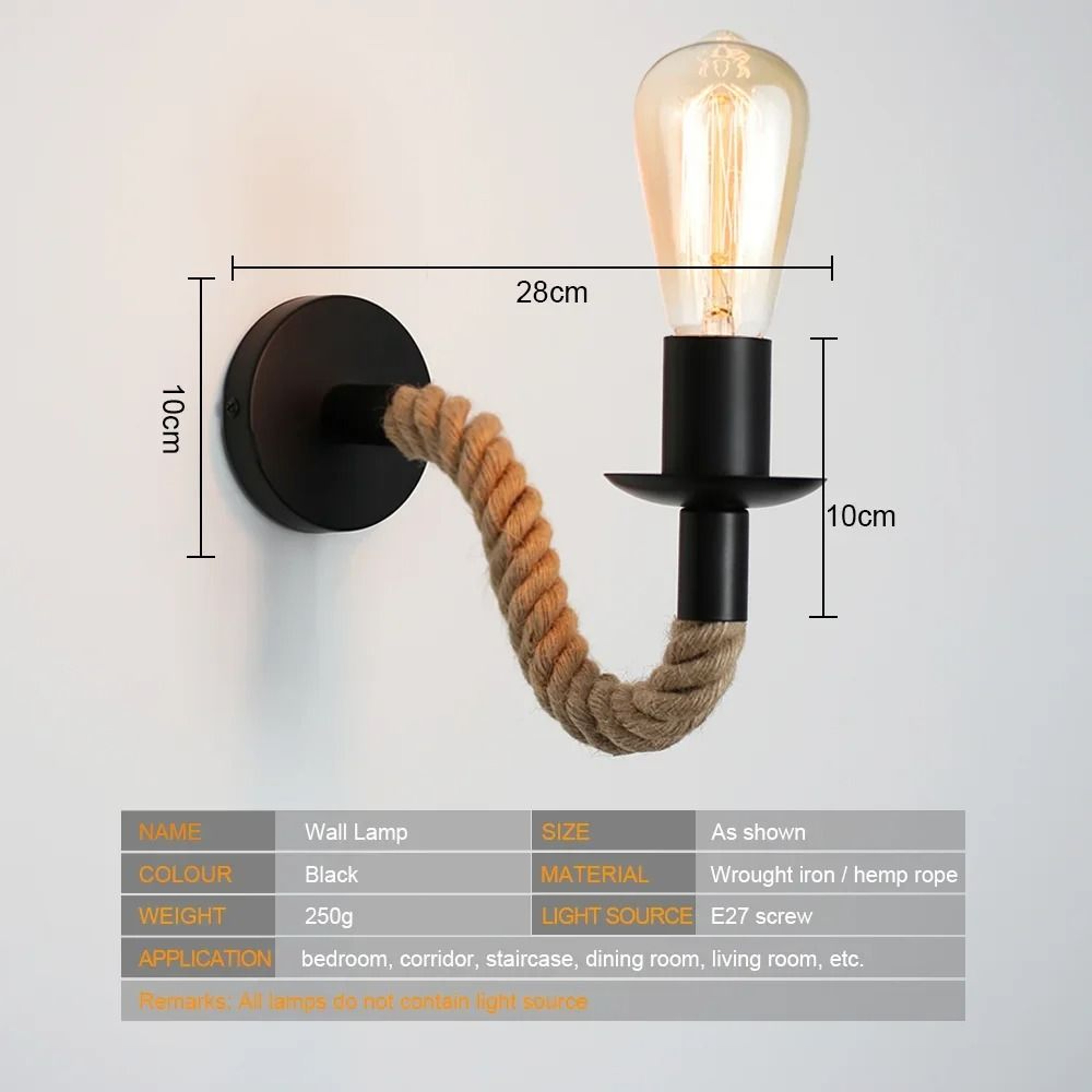 Rustic Hemp Rope Iron Wall Lamp Vintage Edison Sconce Industrial Decor Fixture Loft Hallway Corrido 3