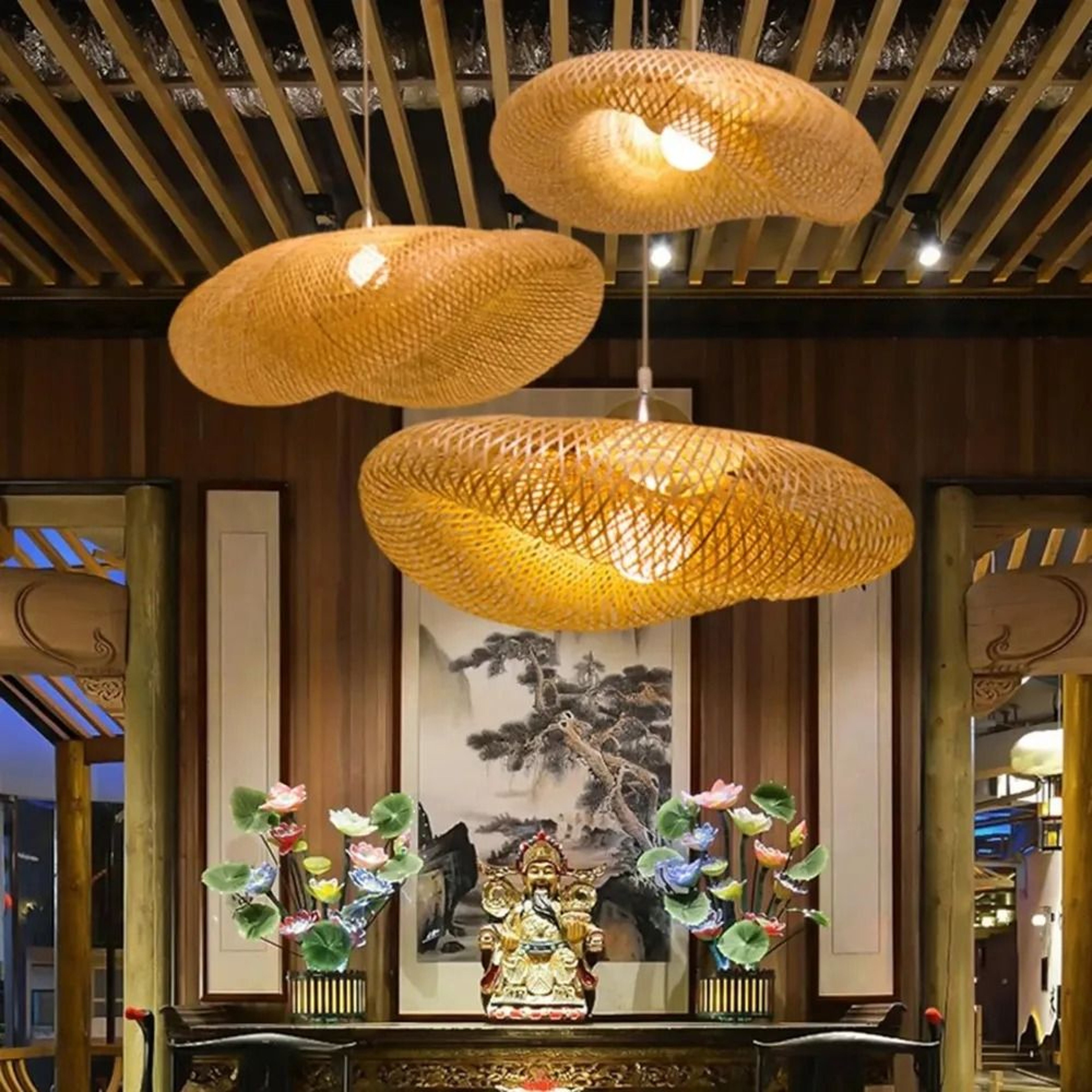 Handmade Bamboo Woven LED Pendant Light 157 Inch Diameter Vintage Hanging Chandelier Living Dining  2