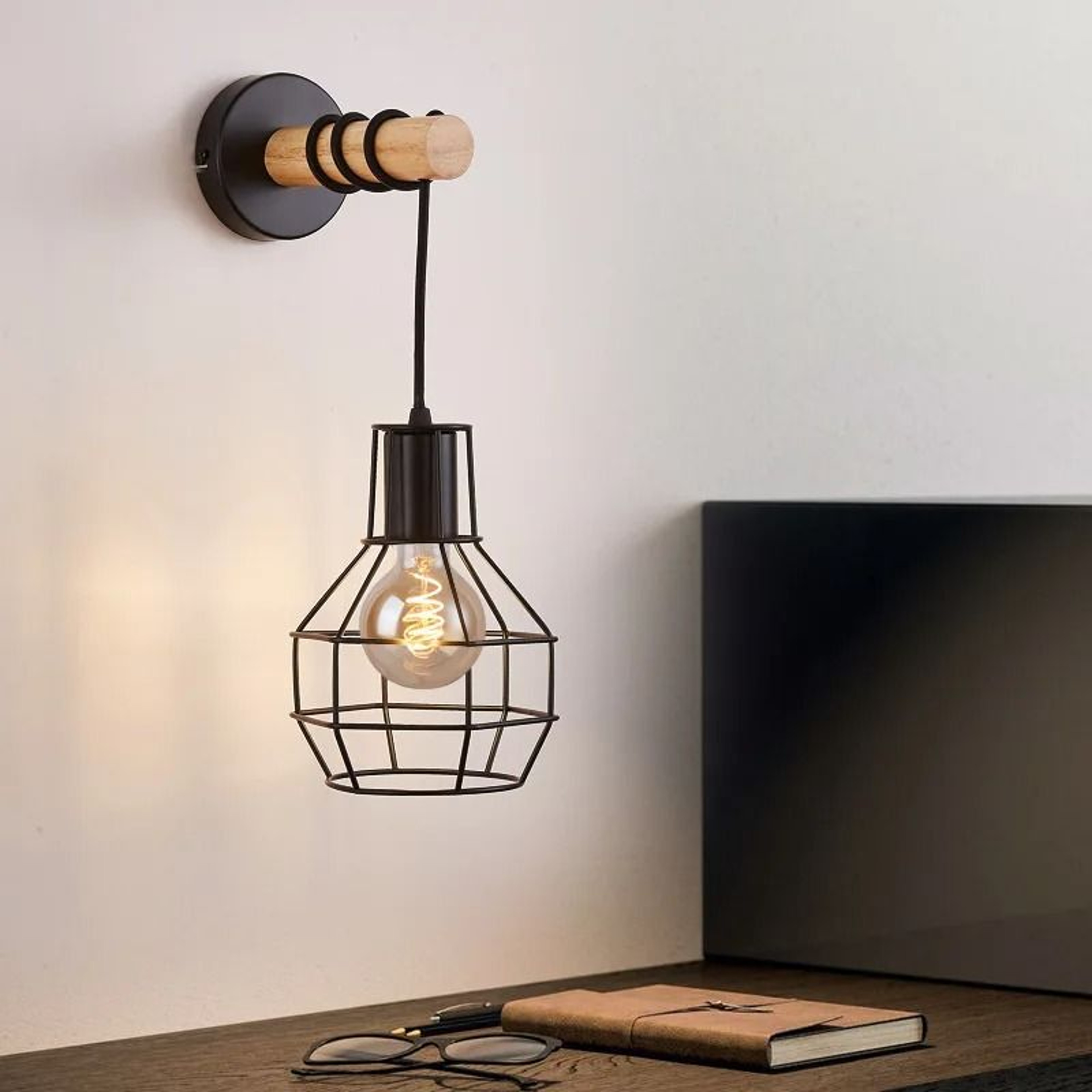 Retro Industrial Metal Wire Cage Wall Sconce Solid Wood Base Bedside Corridor Accent Lamp 2