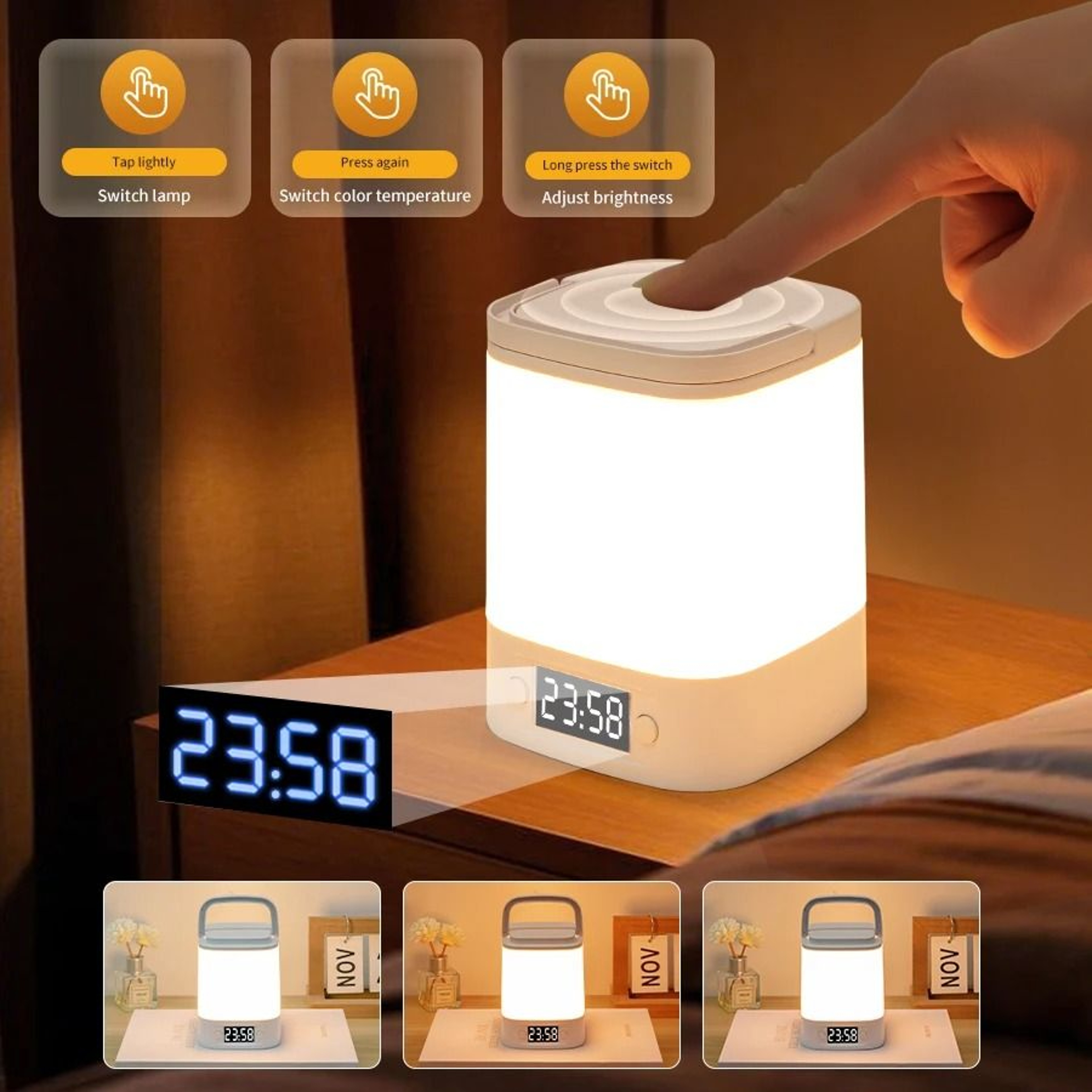 Dimmable Bedside LED Night Light Digital Clock Display USB Rechargeable Remote Control Table Lamp 0