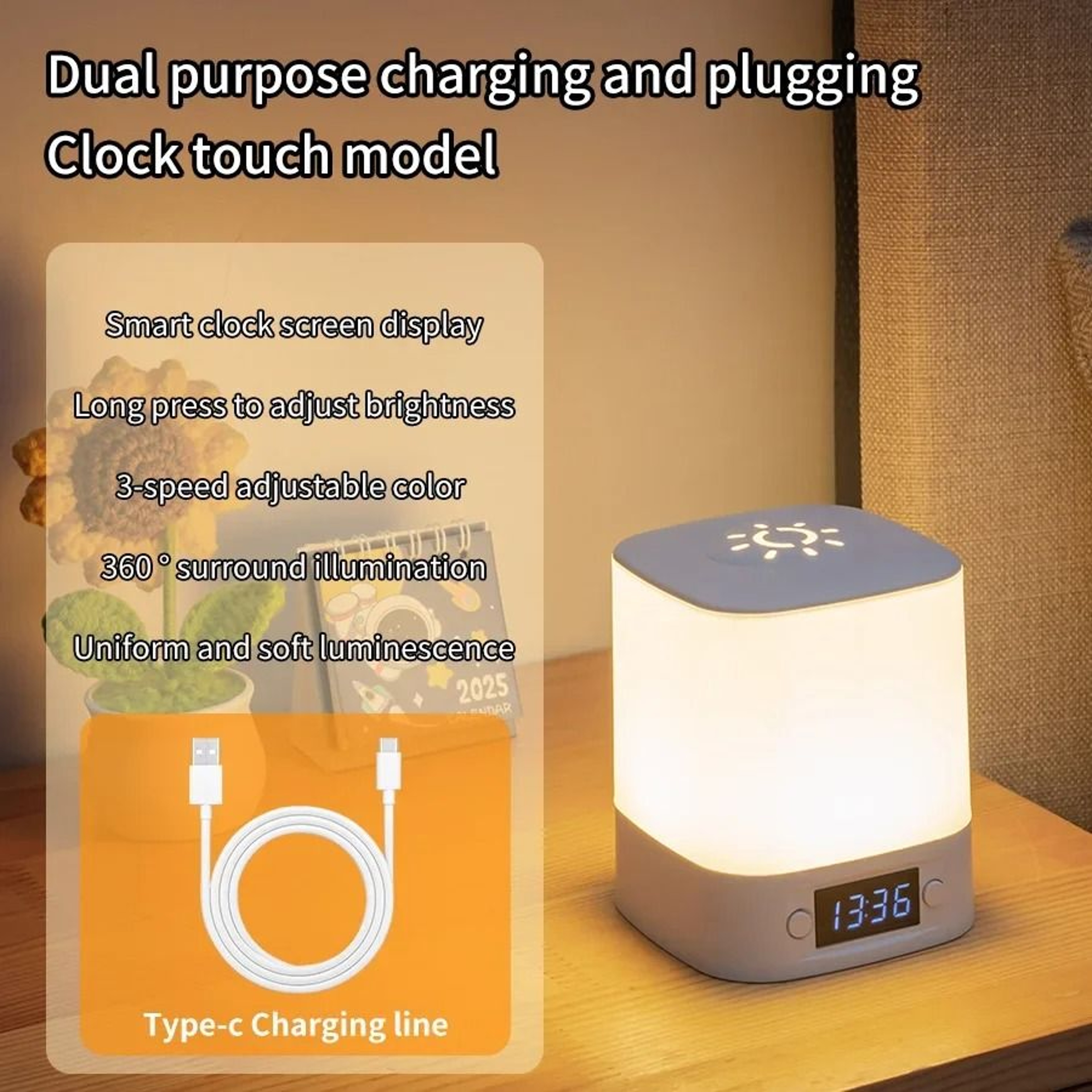 Dimmable Bedside LED Night Light Digital Clock Display USB Rechargeable Remote Control Table Lamp 6