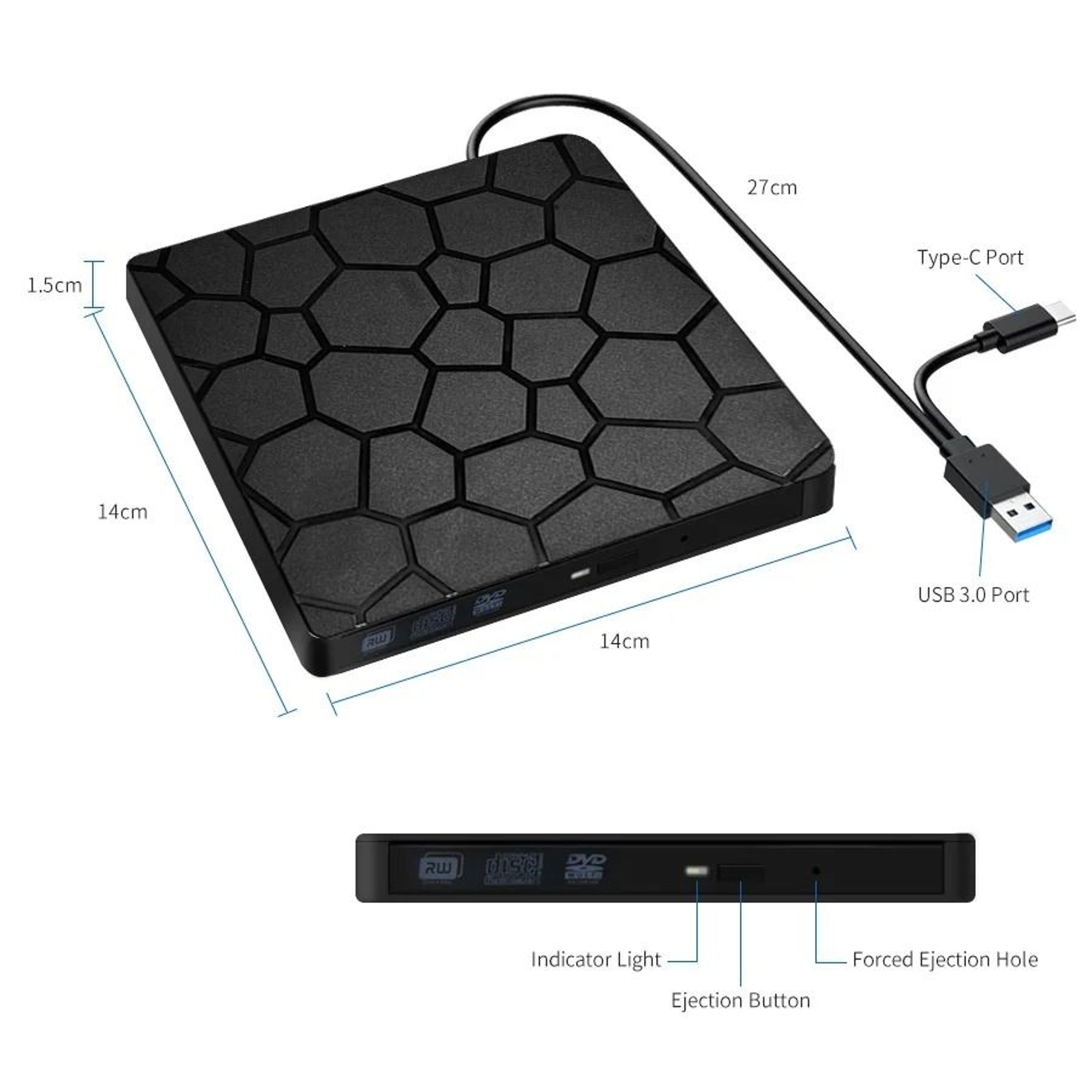 External CD DVD Drive USB 30 Type C 2 In 1 Portable Optical Burner Reader Player 6