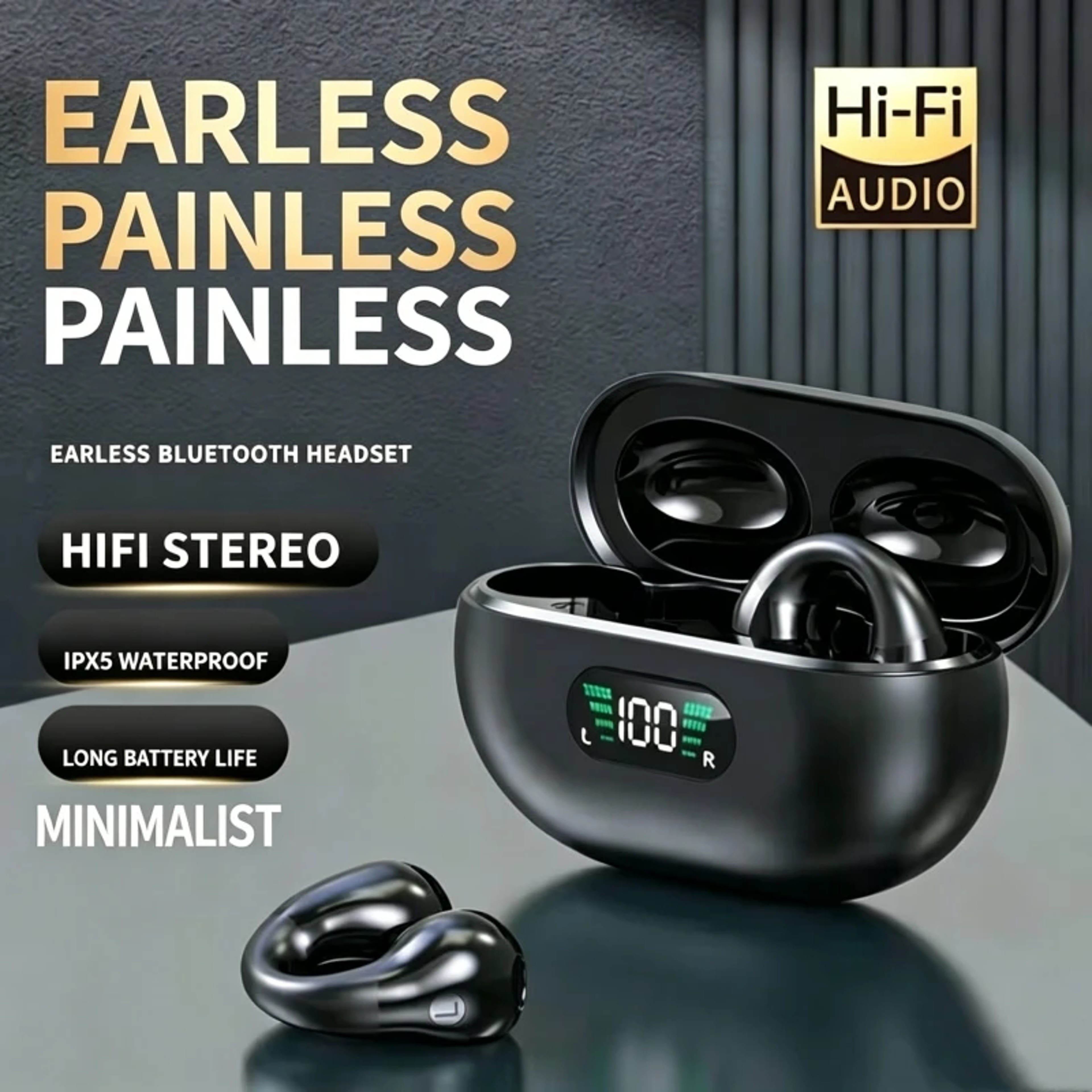 Ear Clip Wireless Bluetooth Earbuds With LED Power Display HD Sound And Mic 7
