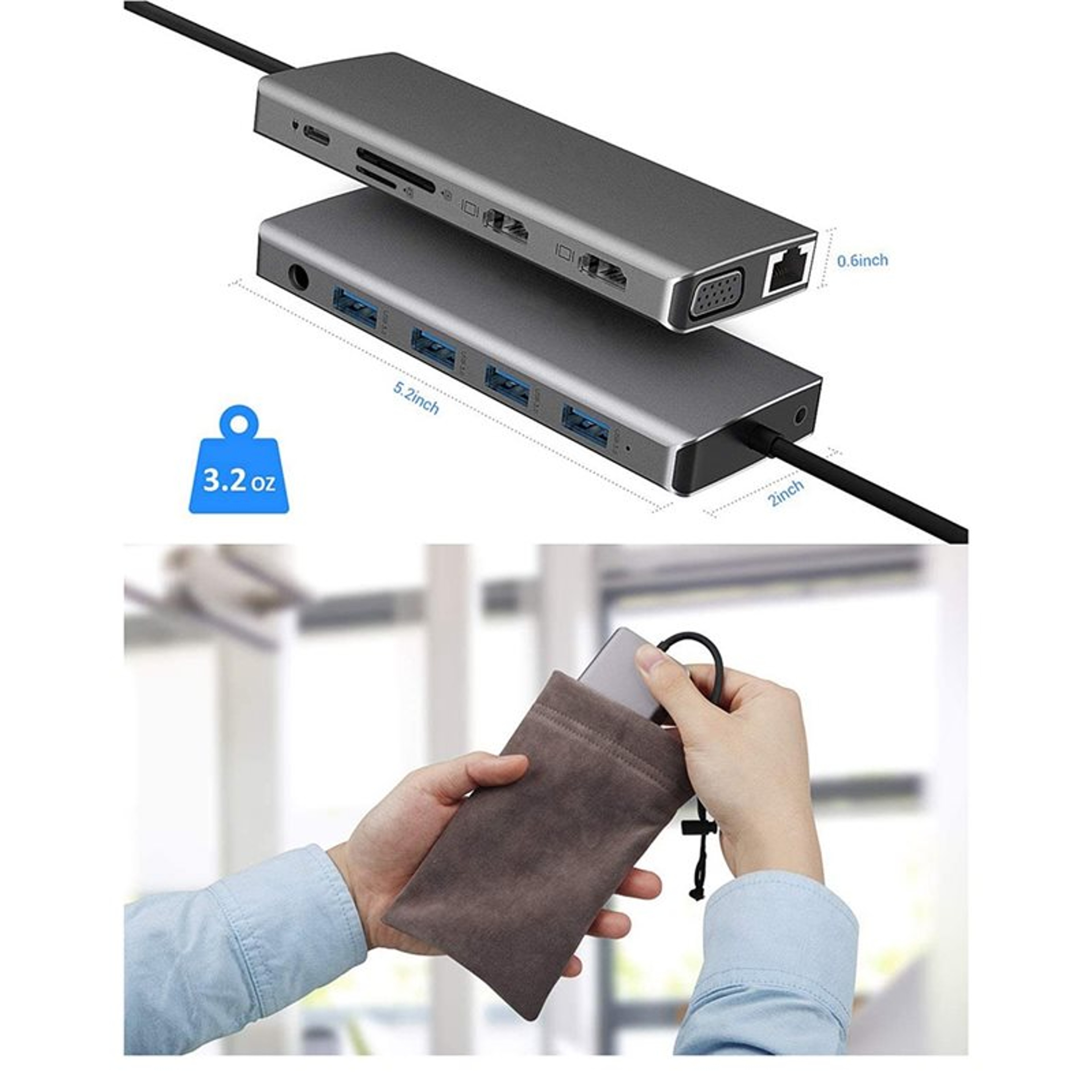 USB C Hub Triple Display Laptop Docking Station With HDMI VGA Ethernet PD 2