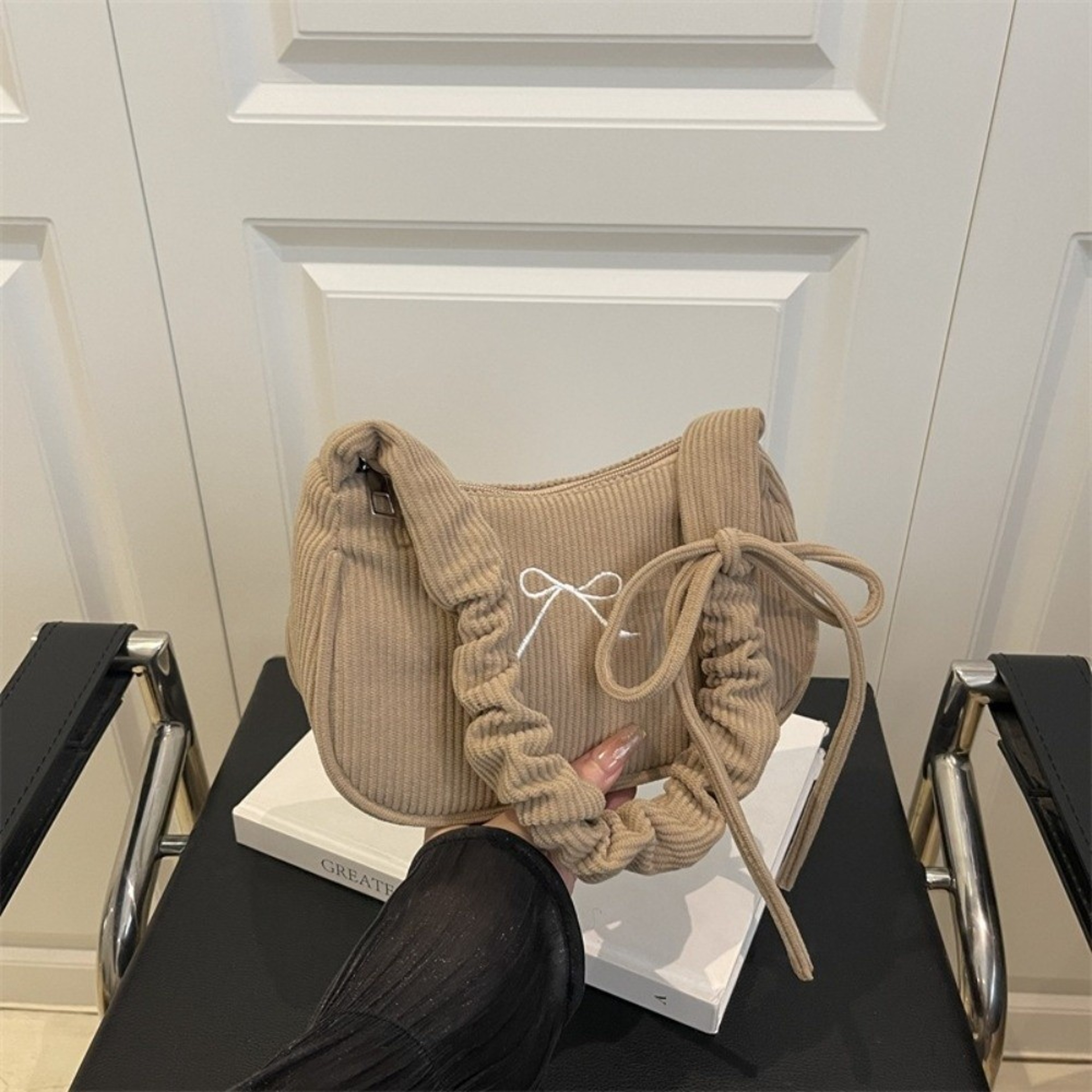 Corduroy Bow Shoulder Bag Cute Ruched Underarm Handbag With Adjustable Strap 6