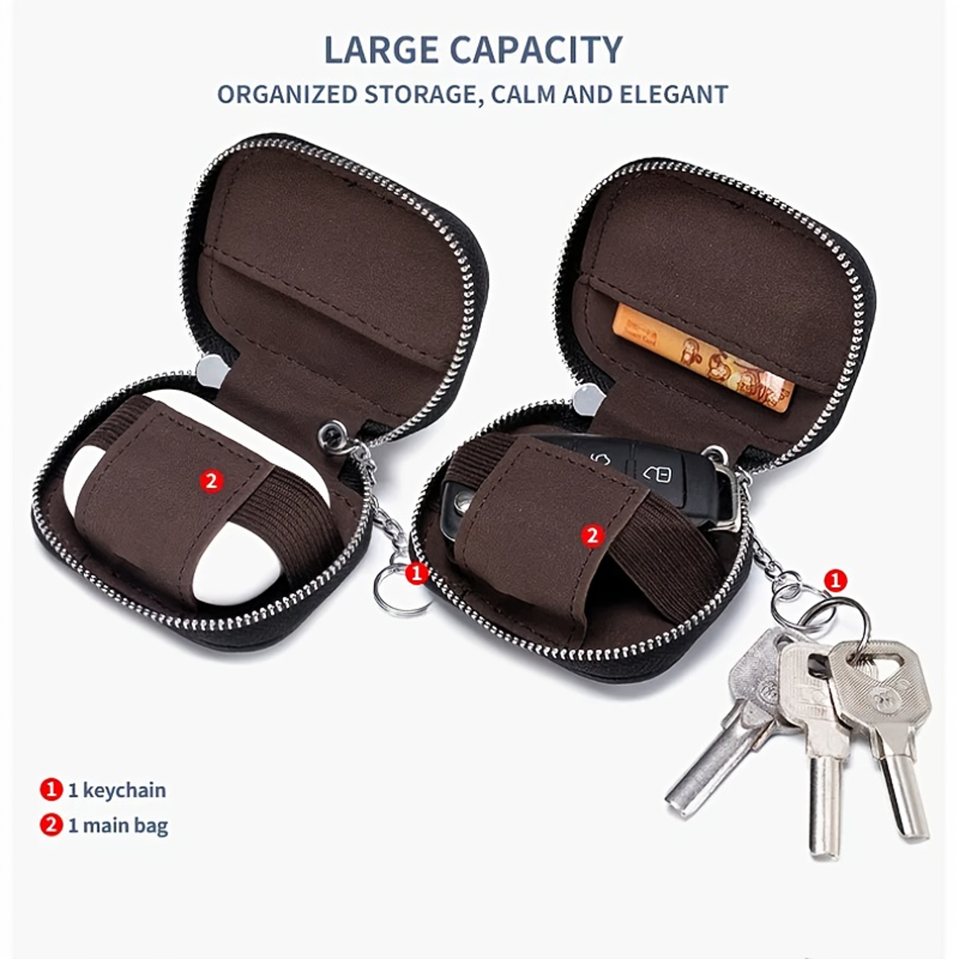 PU Leather Earbud Carrying Case Protective Storage Pouch With Mesh Pocket And Keychain 13