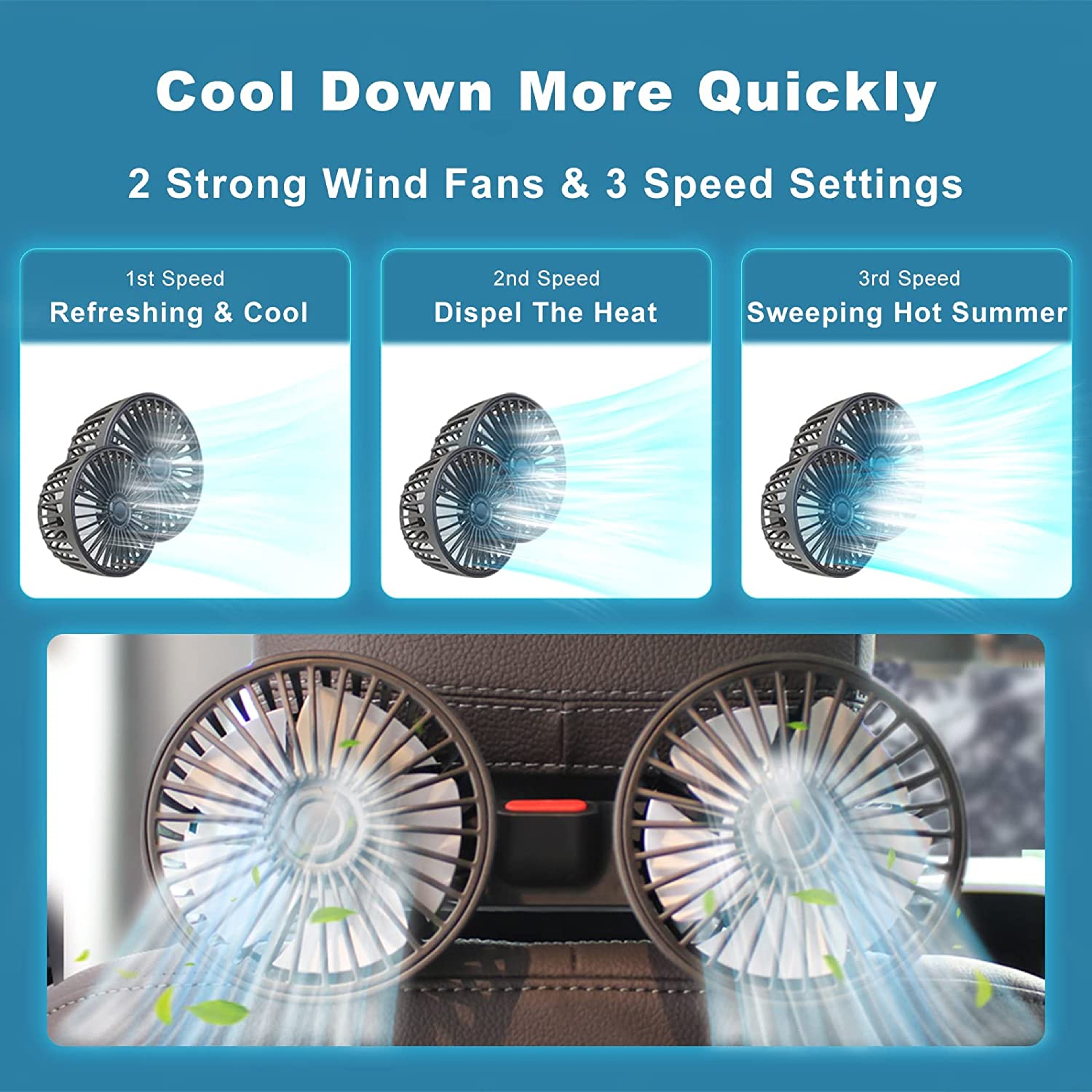 Dual Head Car Fan Degree Speed USB Backseat Cooling Fan 4