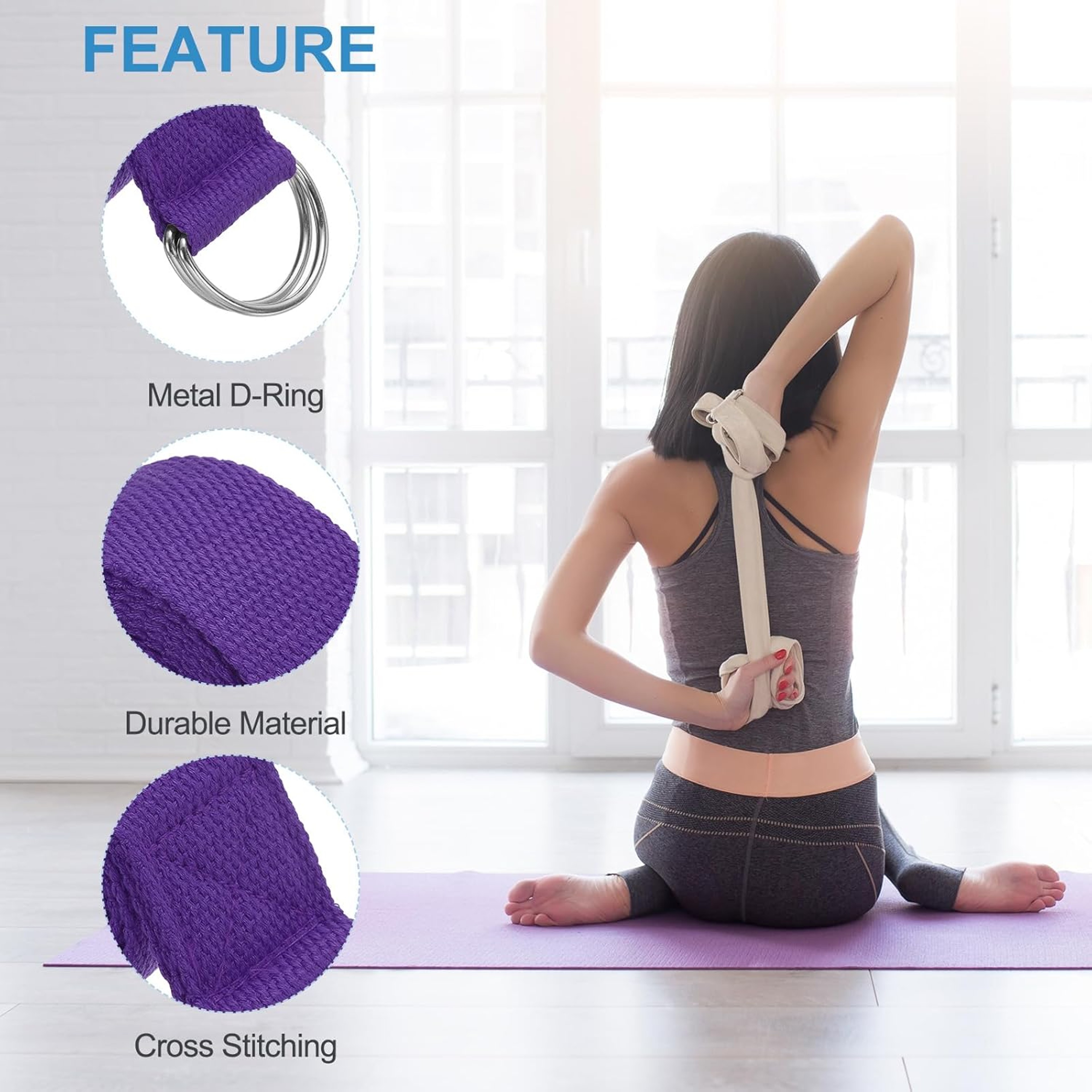 Adjustable Cotton Yoga Strap With D Ring Buckle For Stretching Pilates And Flexibility 5