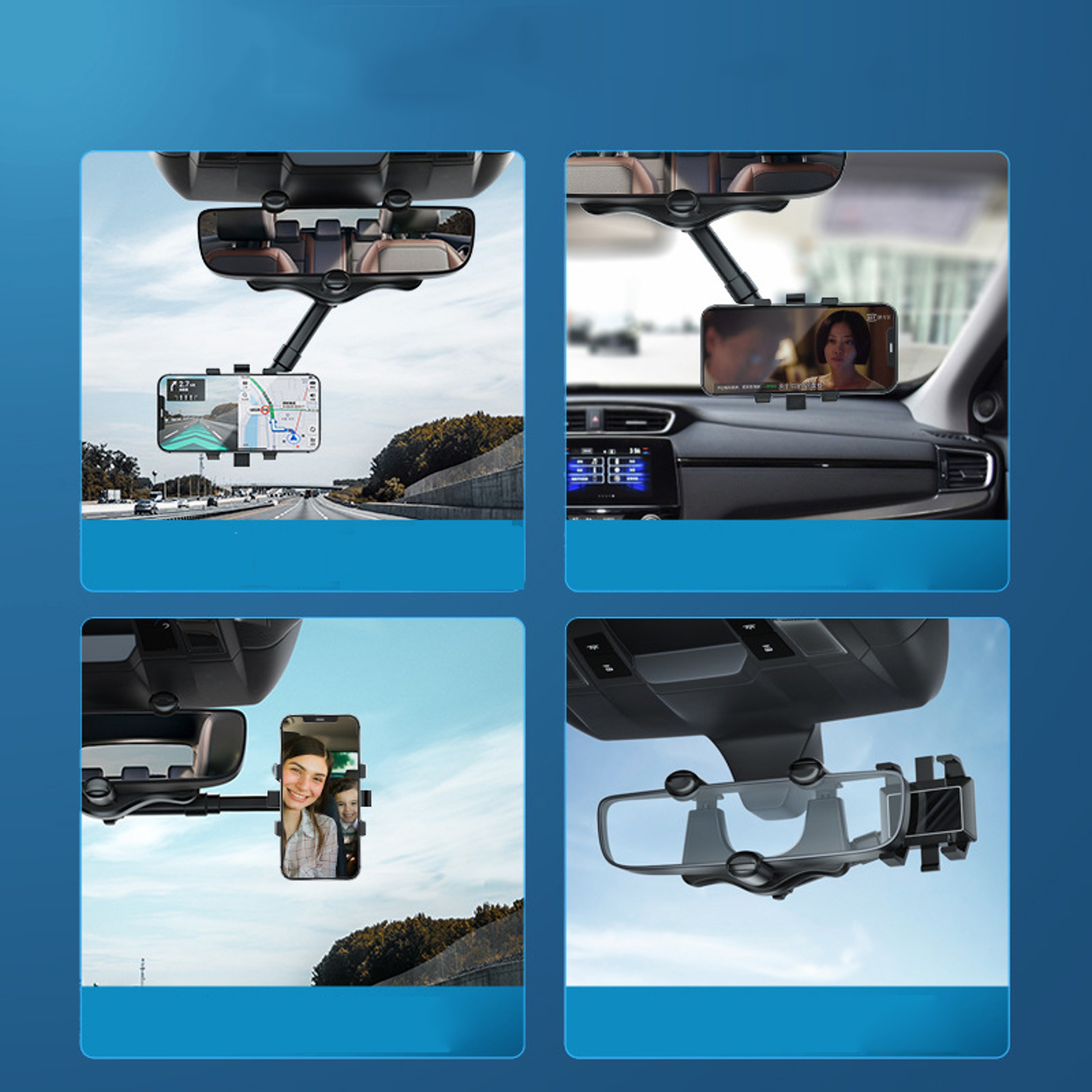 Universal Rearview Mirror Phone Holder Rotatable Retractable Car Phone Mount 4