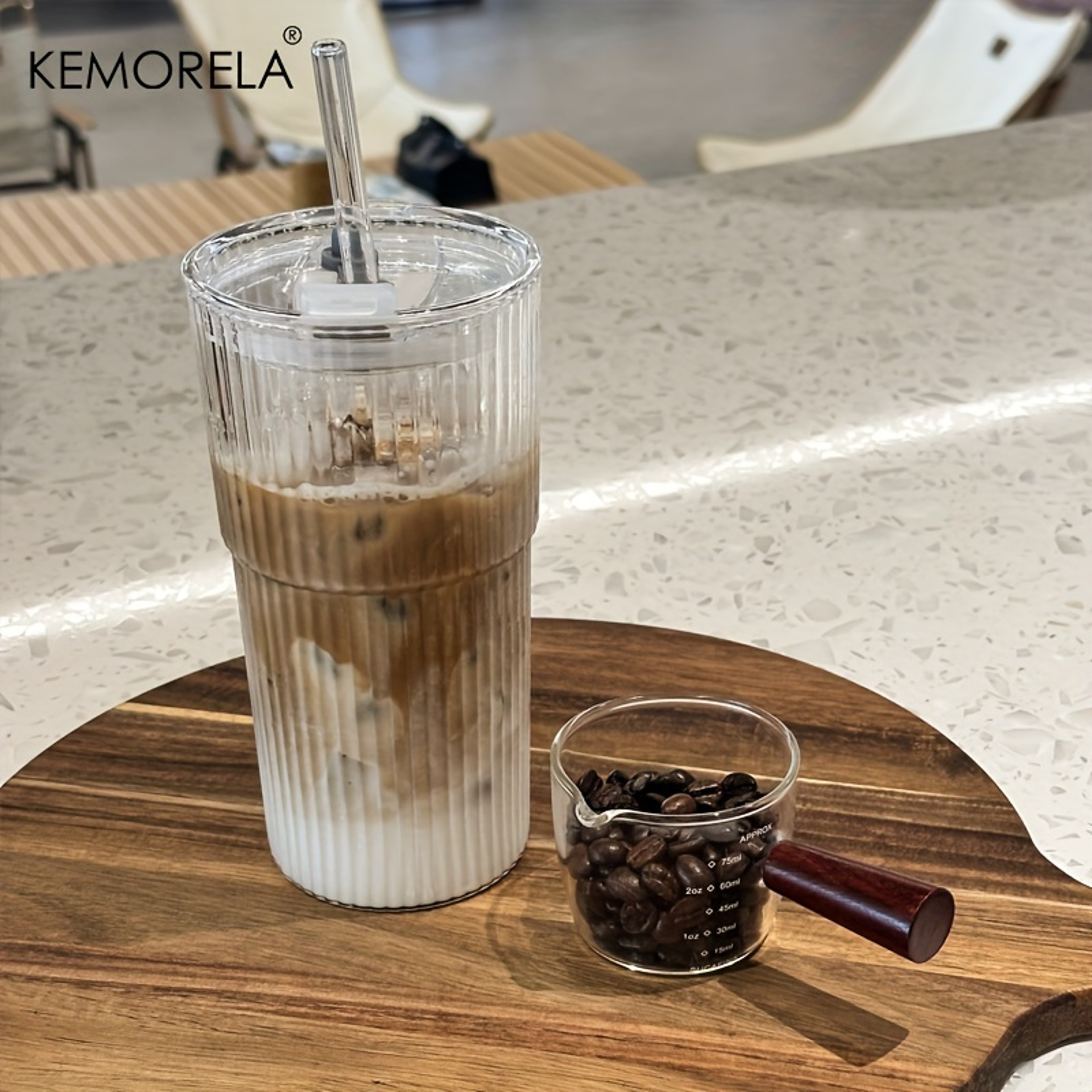 Ribbed Glass Tumblers With Lids And Straw Large Capacity Coffee Cup For Iced Americano Juice Coke B 2