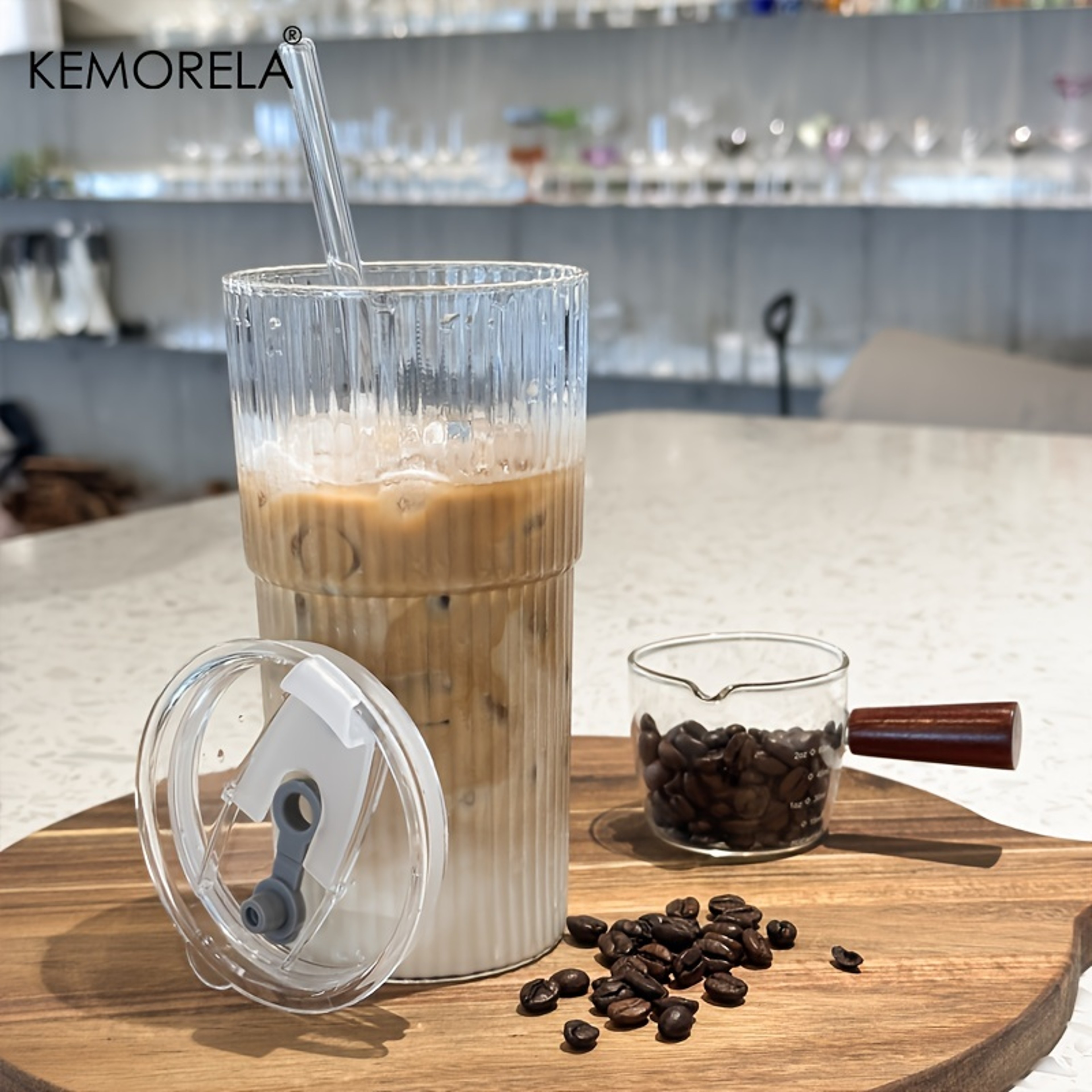 Ribbed Glass Tumblers With Lids And Straw Large Capacity Coffee Cup For Iced Americano Juice Coke B 3