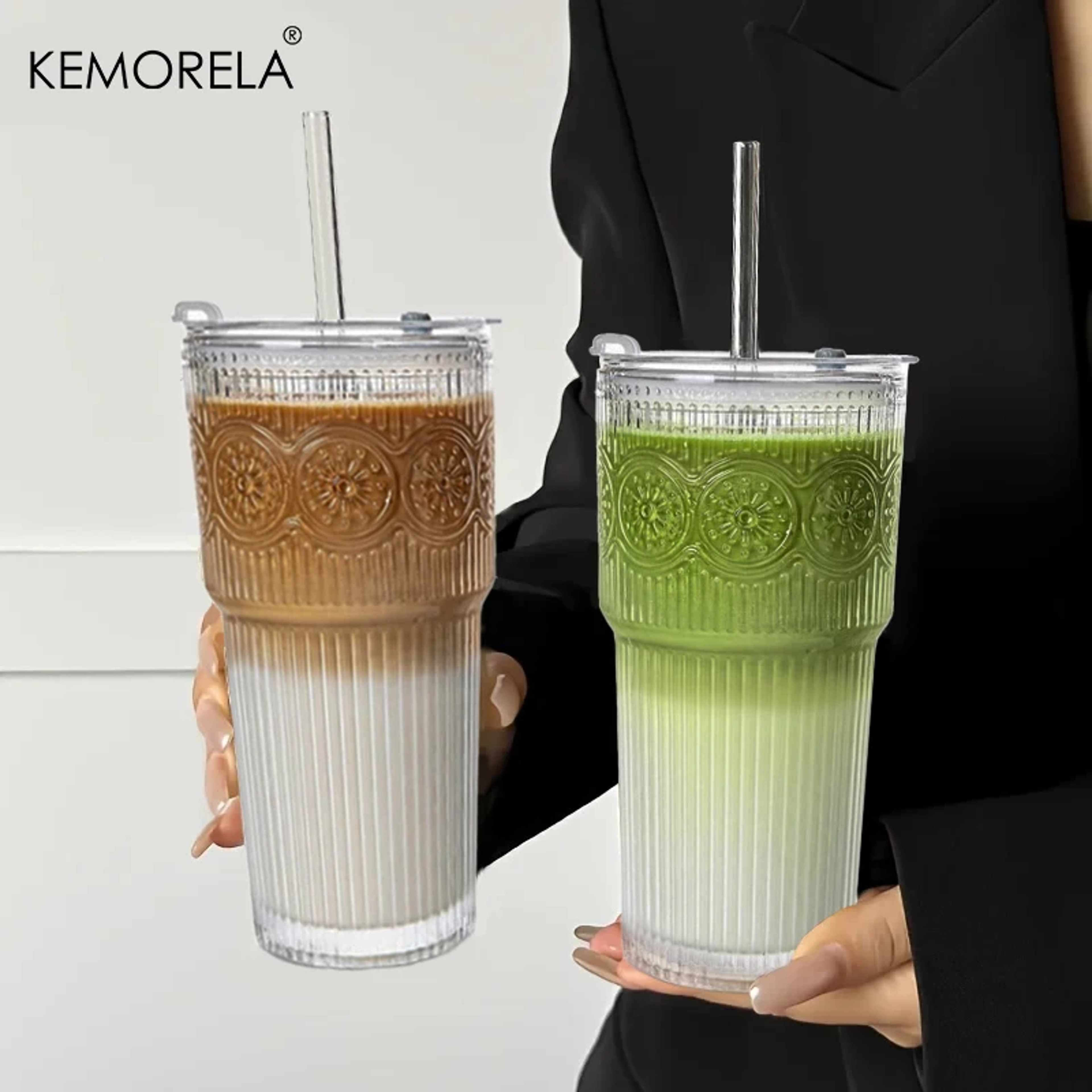 Floral Glass Coffee Cup With Lid And Straw Transparent Tumblers For Juice And Coffee Drinkware Mugs 0