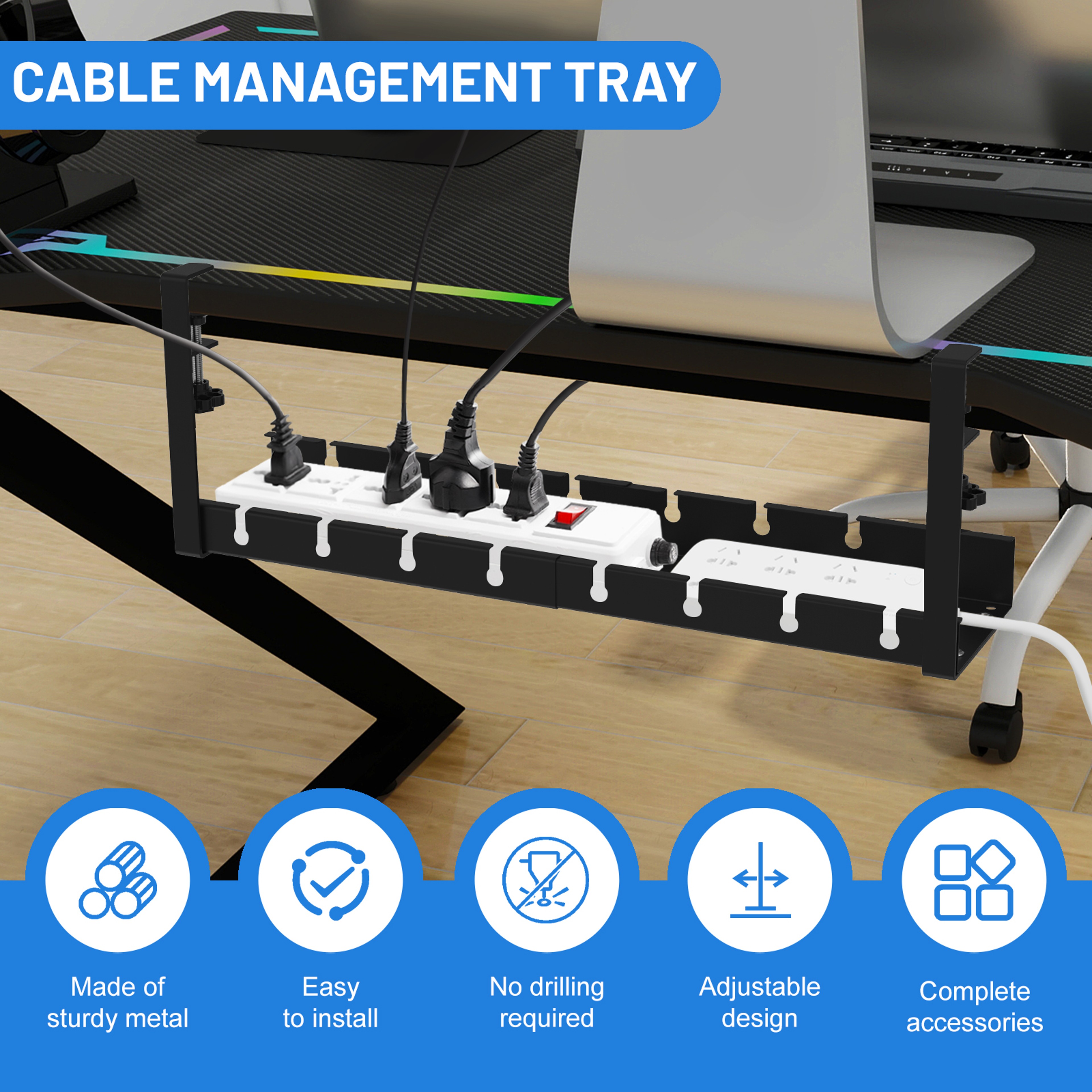 No Drilling Extendable Under Desk Cable Management Metal Tray Multipurpose Space Saving Organizer S 1