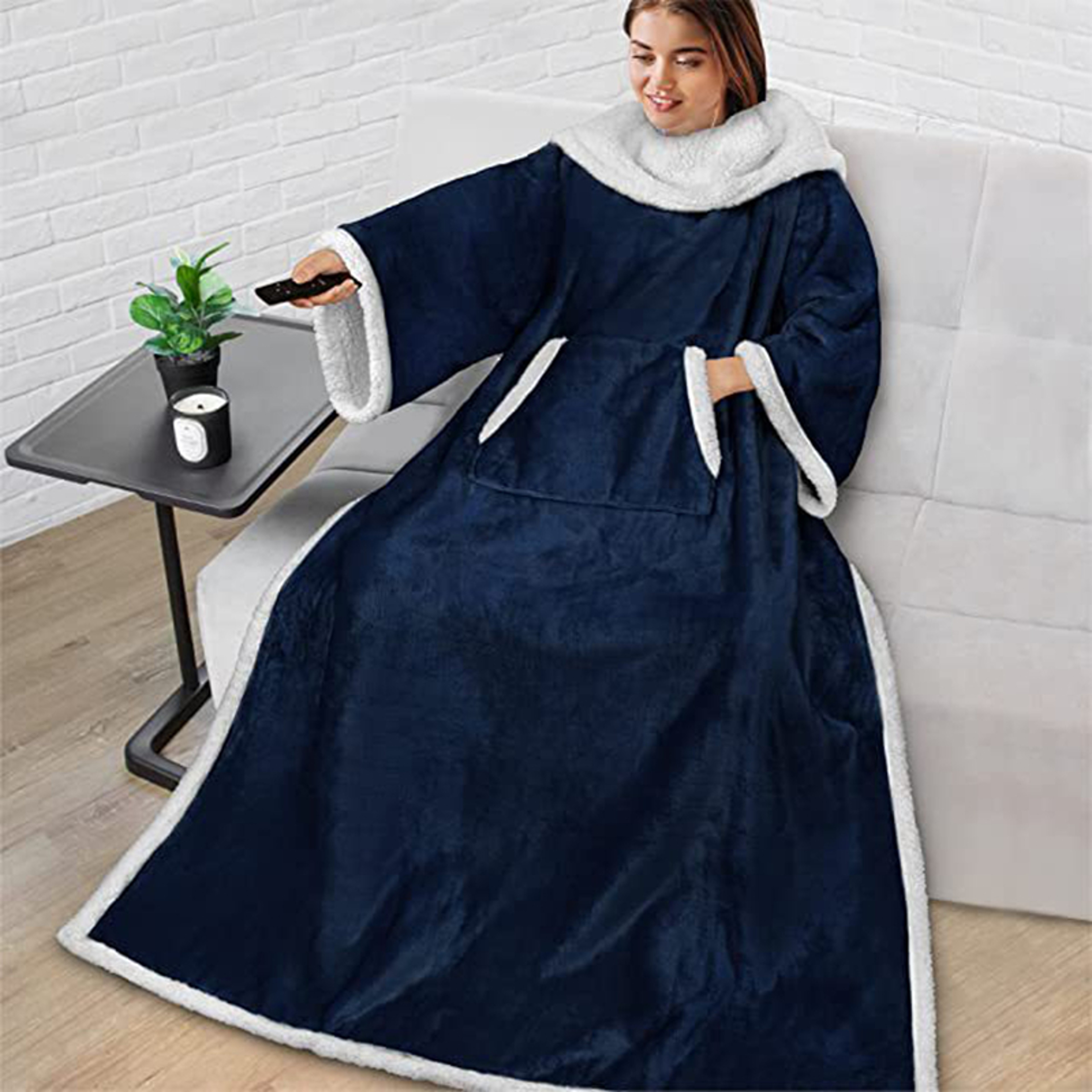 Soft Warm Cozy Throw Blanket Reversible Flannel TV Blanket Plush Fabric With Front Pocket For Sofa  7