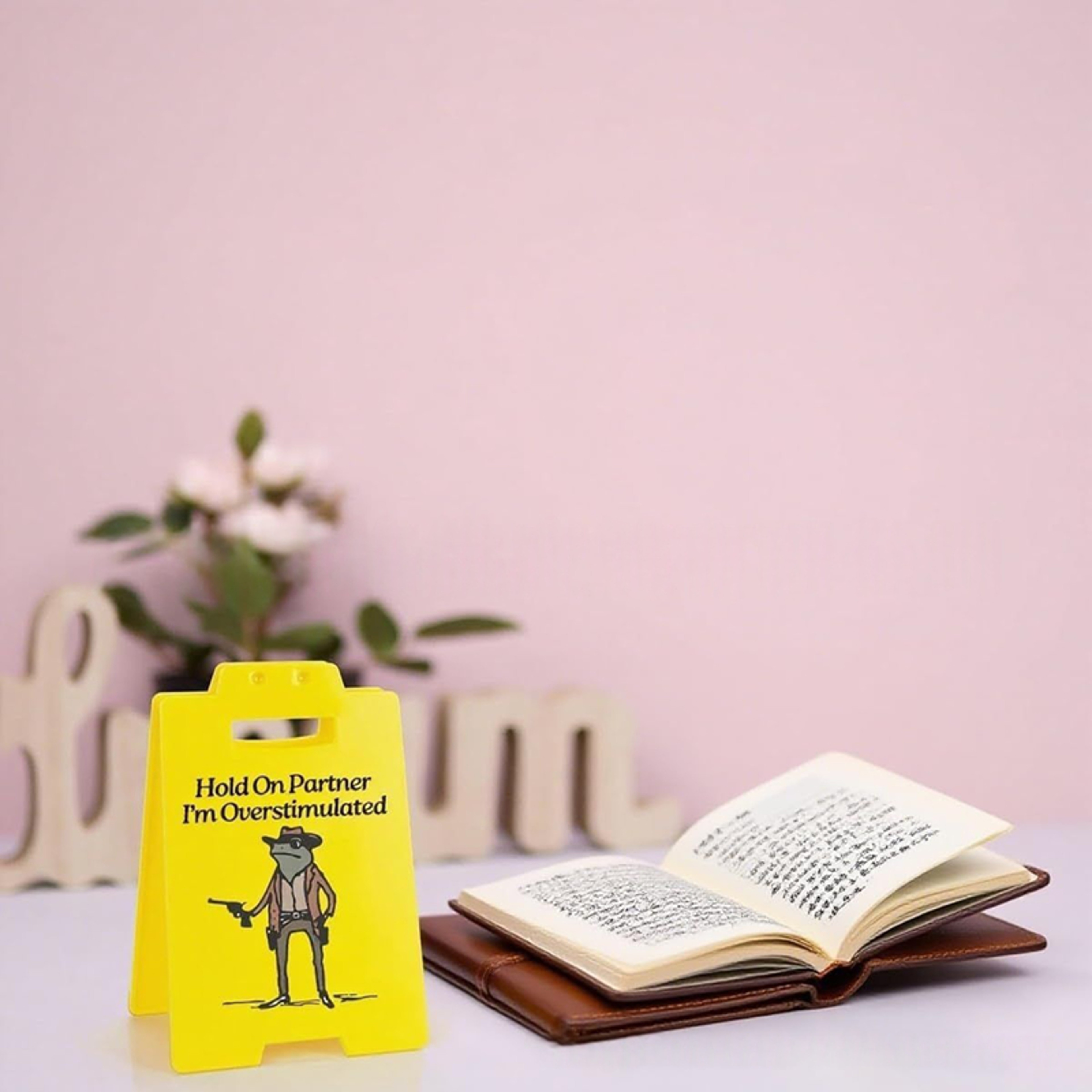 Funny Desk Sign Hold On Partner I'm Overstimulated Office Decor for Women Coworkers Desk Decoration – view 4