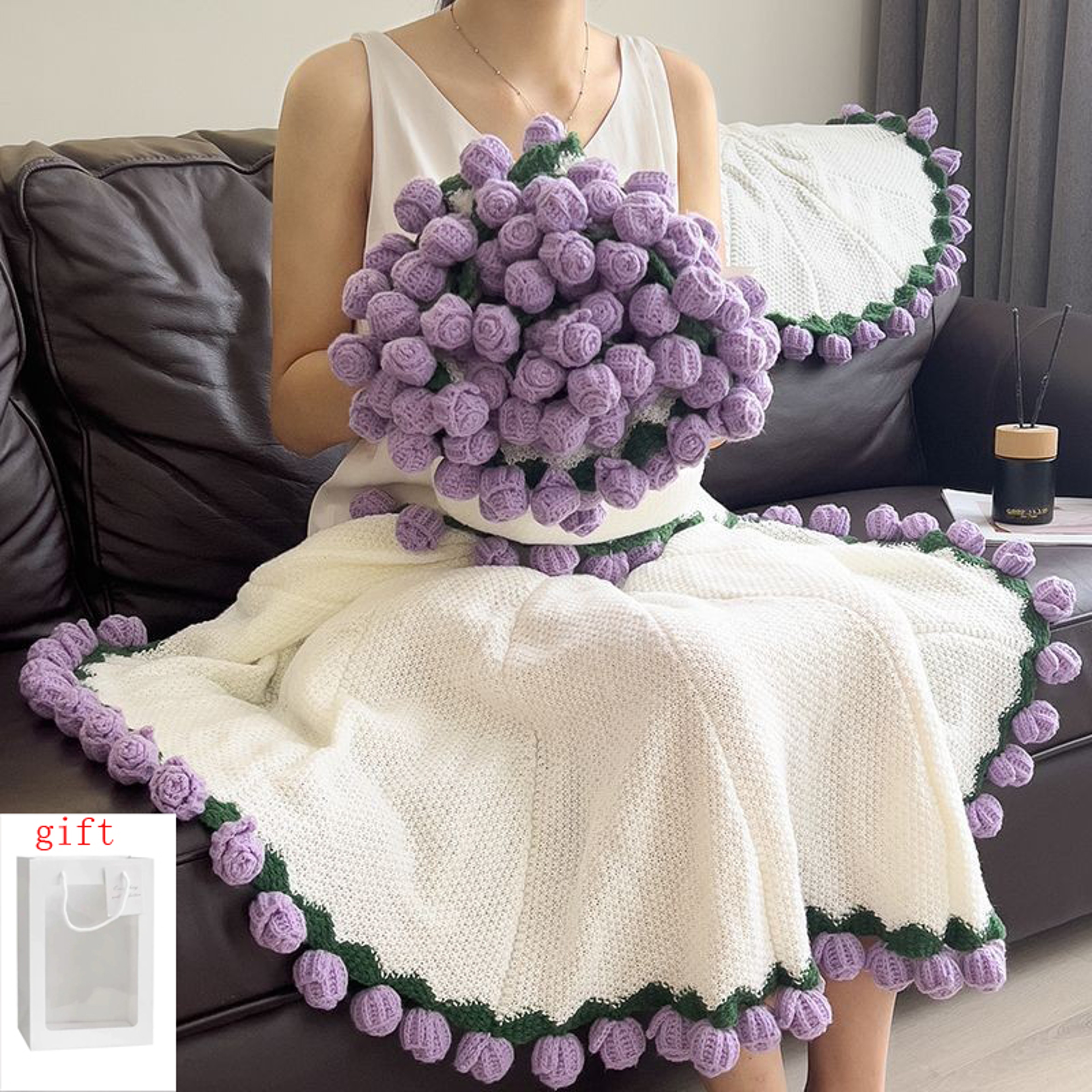 Handmade Crochet Rose Blanket Bouquet with Gift Bag Valentine's Day Birthday Gift – view 11