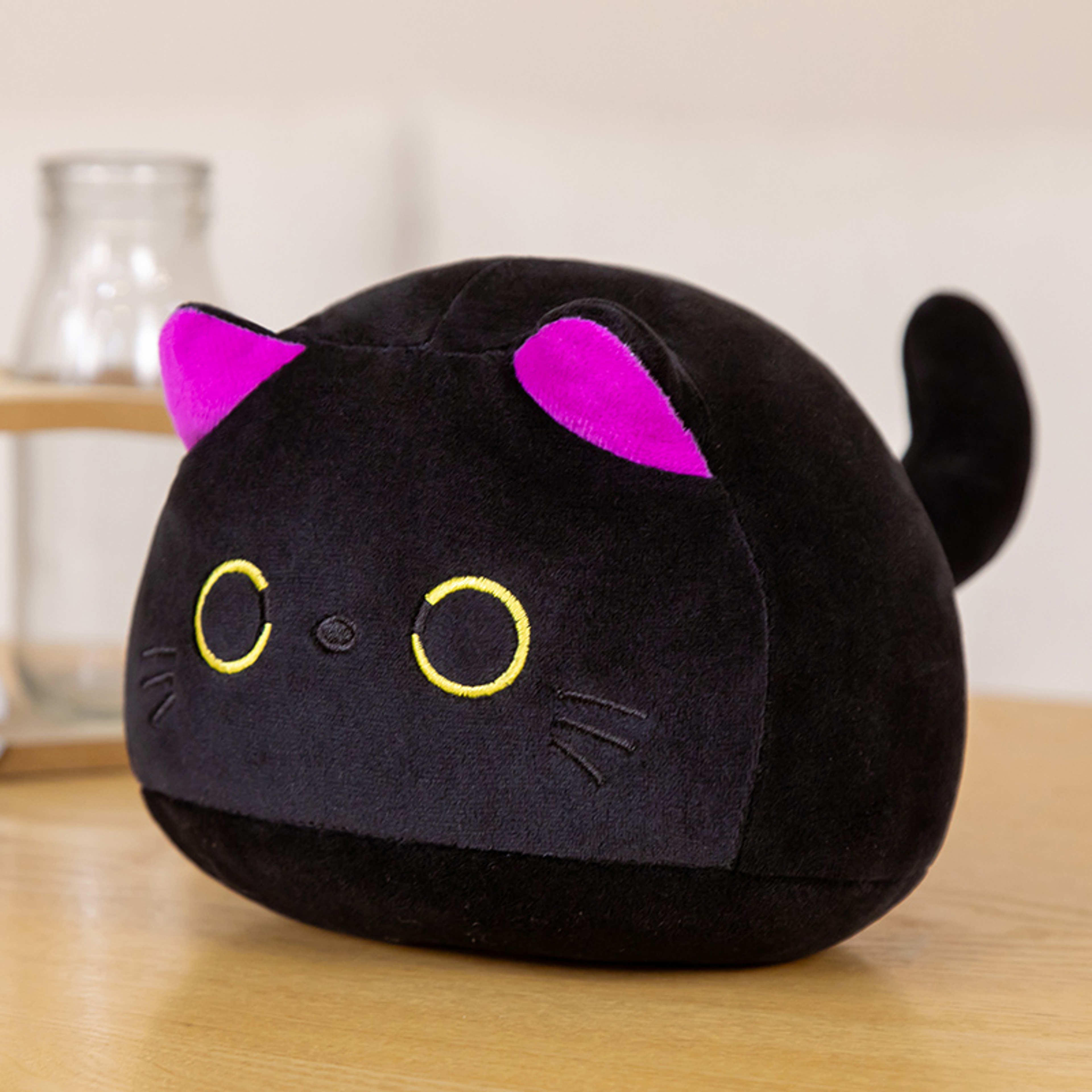 Small Cuddly Black Cat Plush Doll Stuffed Round Ball Cat Plushie Keychain Pendant Toy For Girls 0