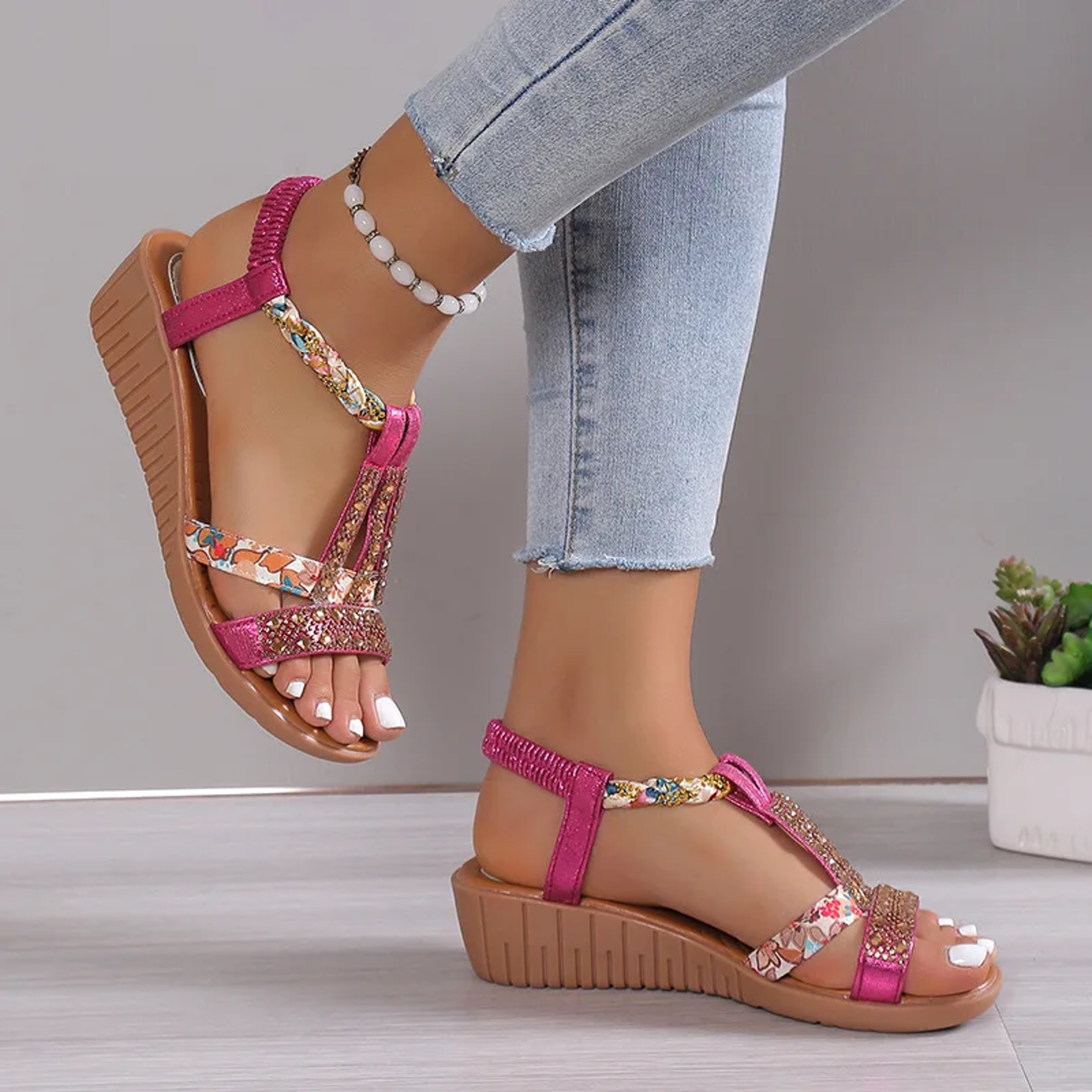 Rhinestones Women Wedge Sandals Summer Platform Peep Toe Casual Outdoor Beach Shoes 3