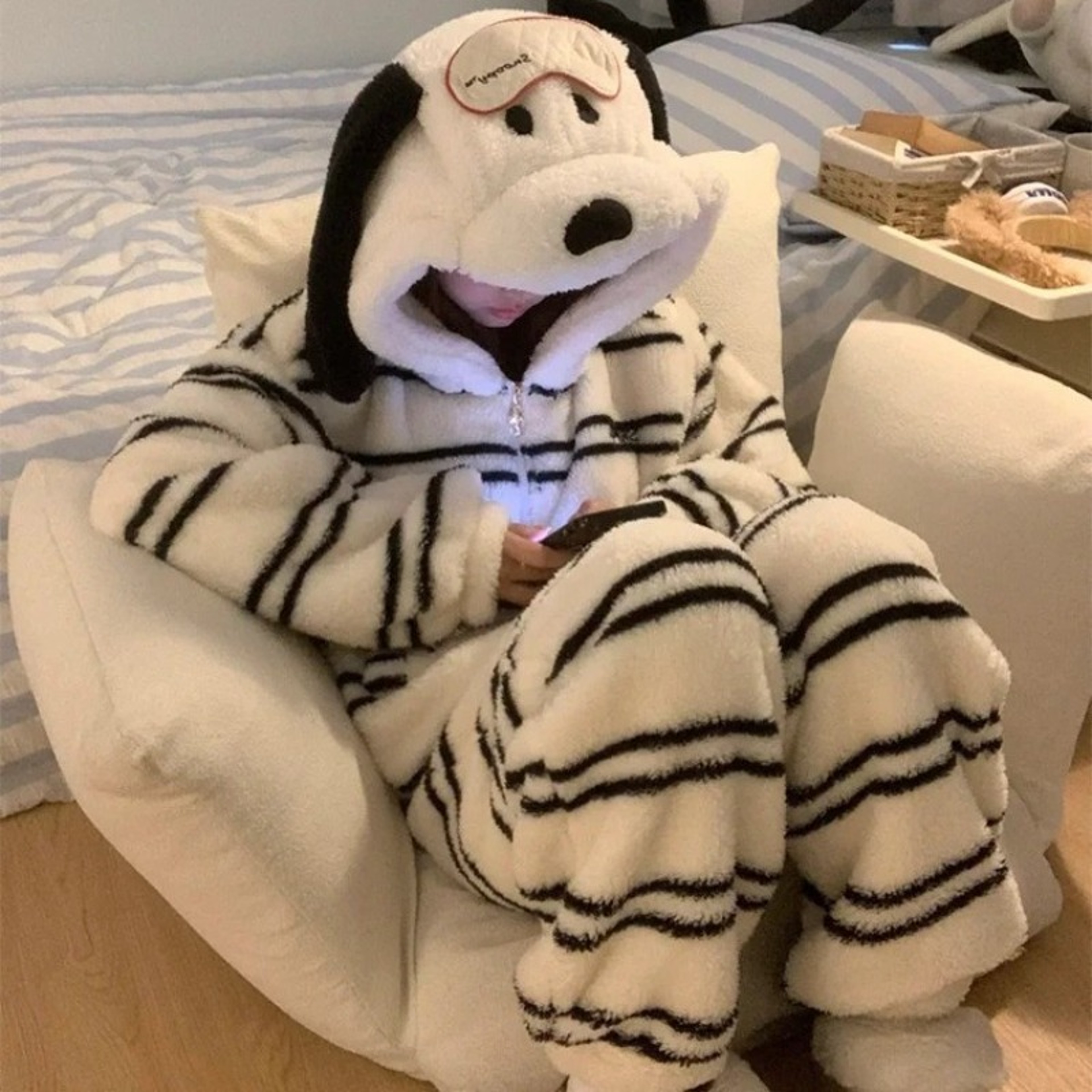 Womens Winter Cute Girl Cartoon Puppy Hooded Coral Fleece Pajamas Set Thickened Loungewear Pajamas 0