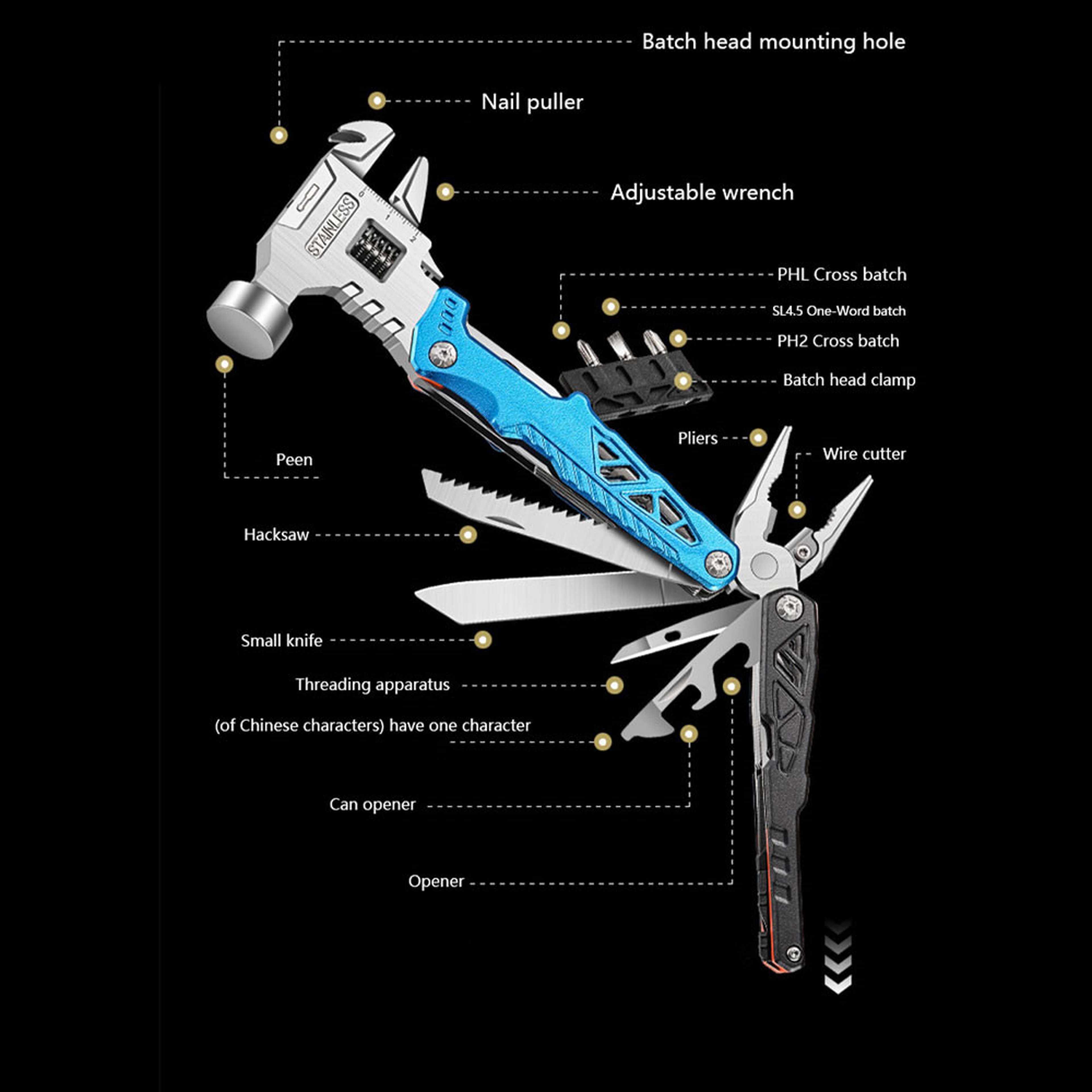 All-in-One Tool Hammer Multifunctional Wrench Camping Pliers Emergency Car Folding Nail Hammer – view 3
