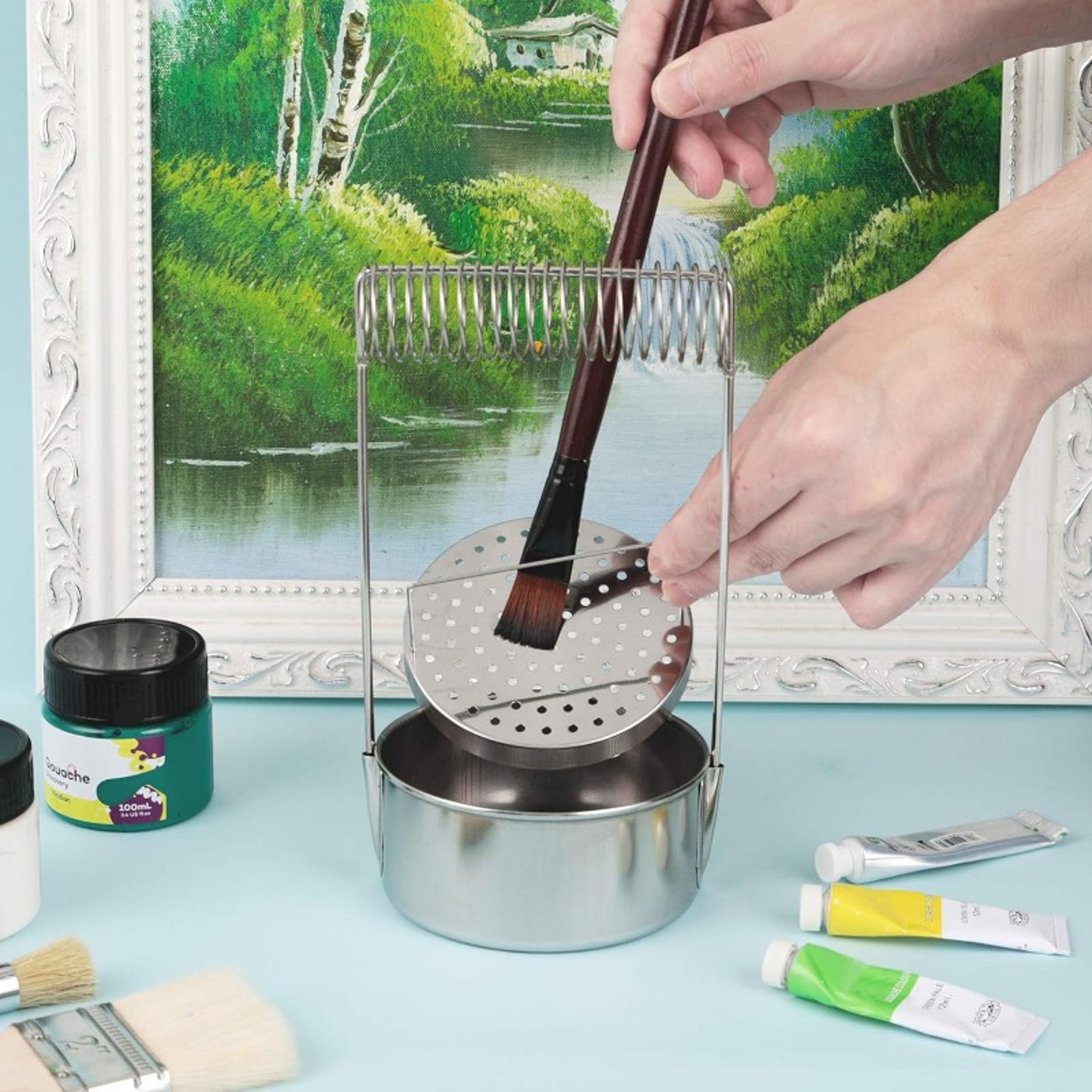 Stainless Steel Portable Artist Brush Washer With Wash Tank Removable Screen Brush Holder Paint Bru 1