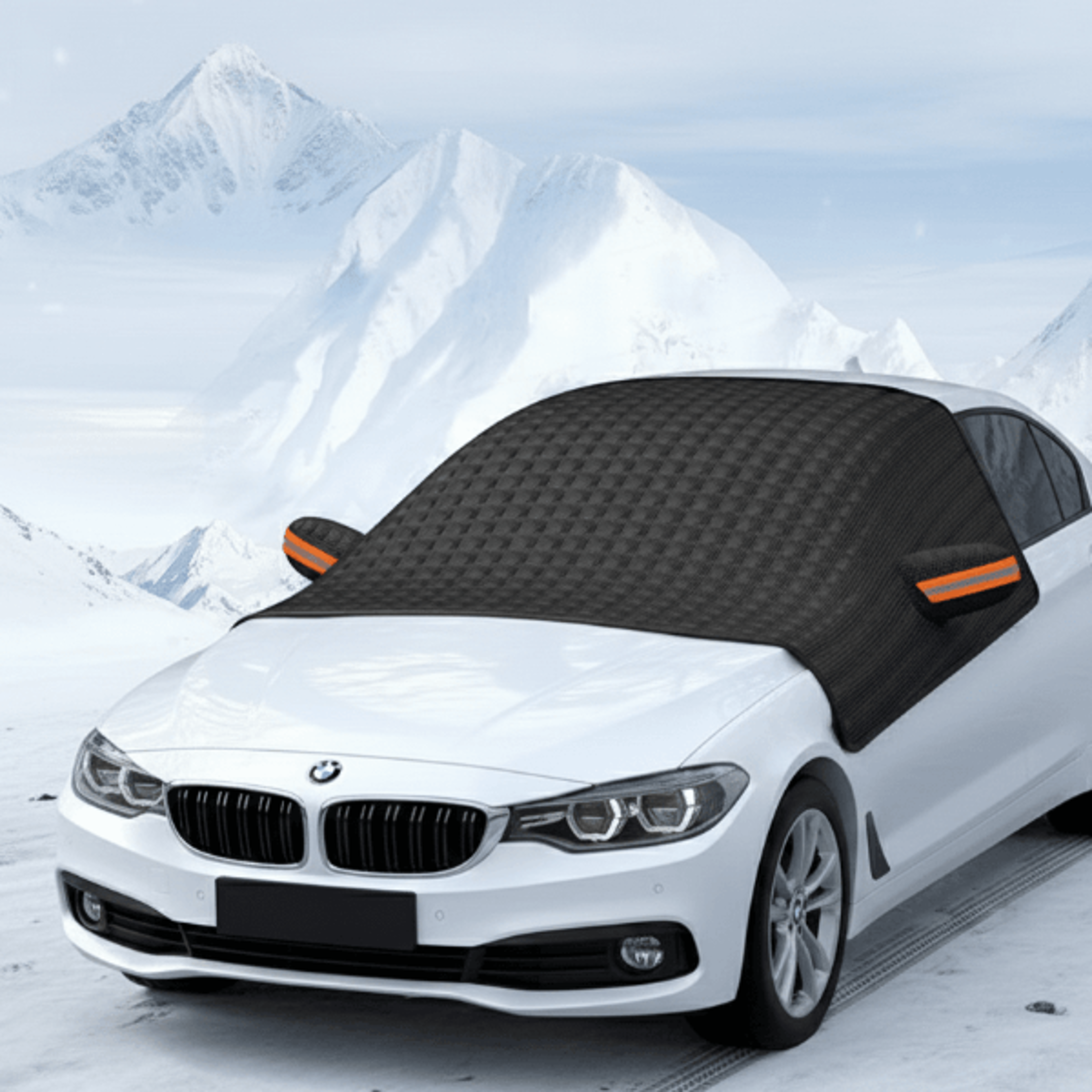 Magnetic windshield snow cover installed on parked car