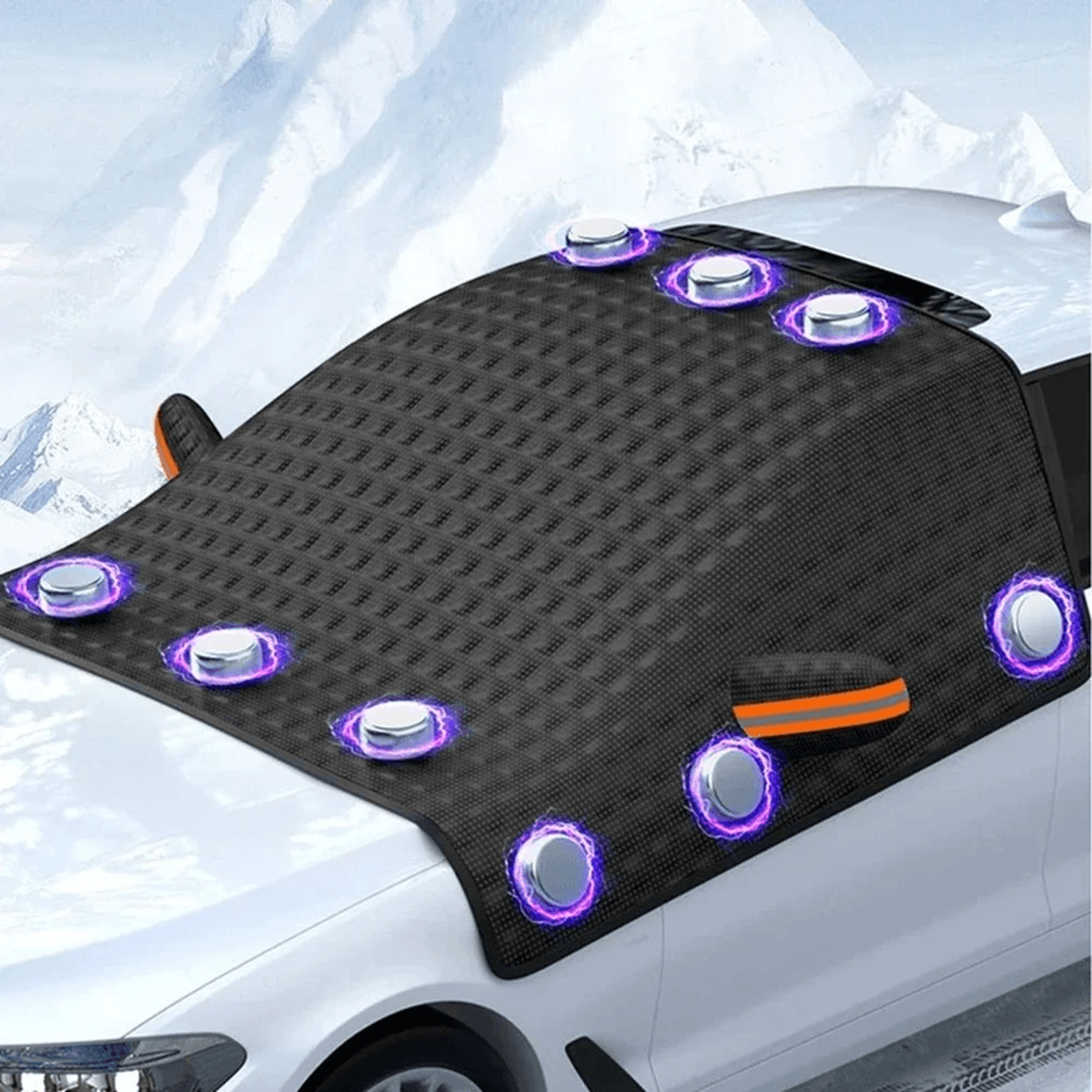 Car parked outdoors with magnetic frost guard