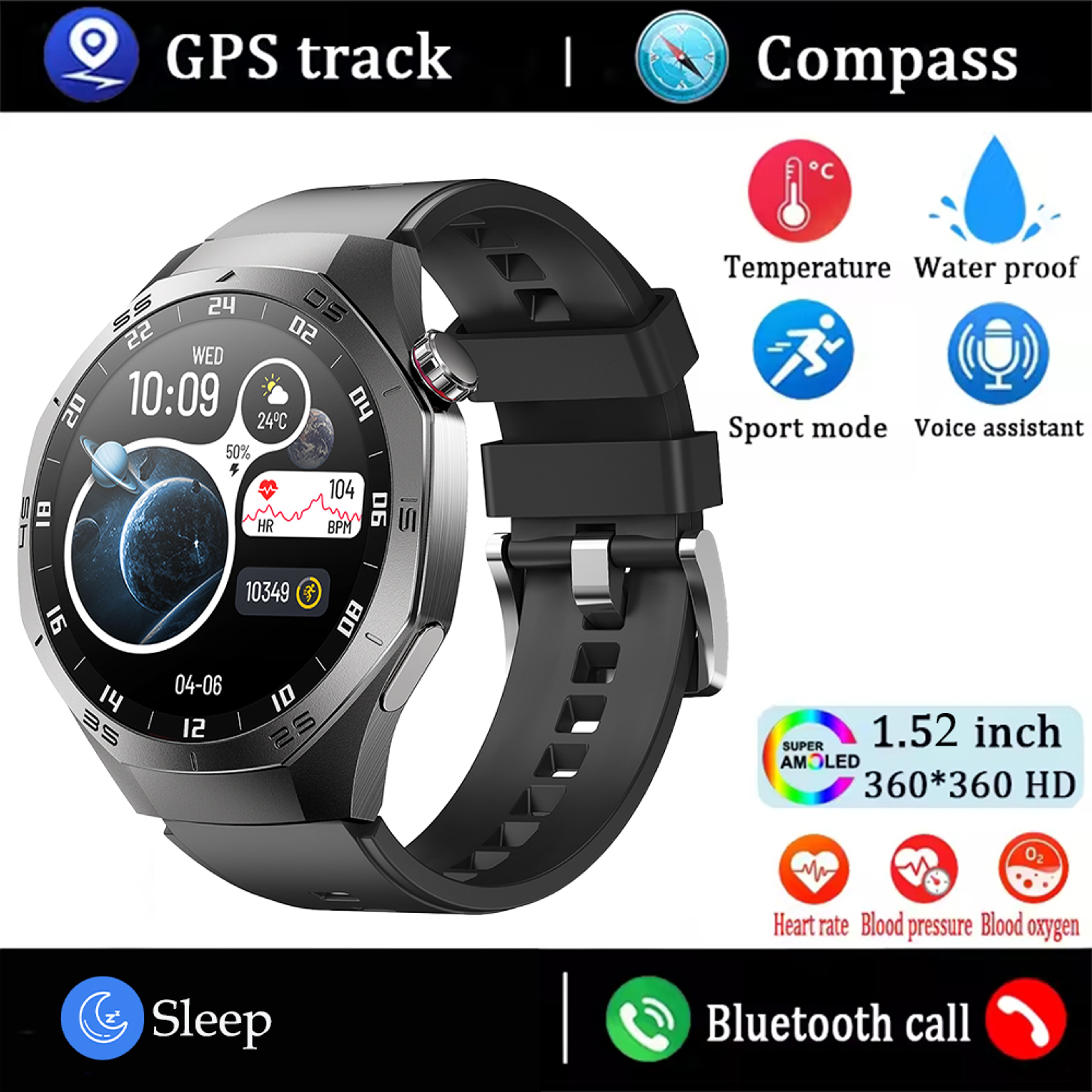 Waterproof Smartwatch For Men Android And IOS Compatible GPS Heart Rate AMOLED Screen Bluetooth Cal 7