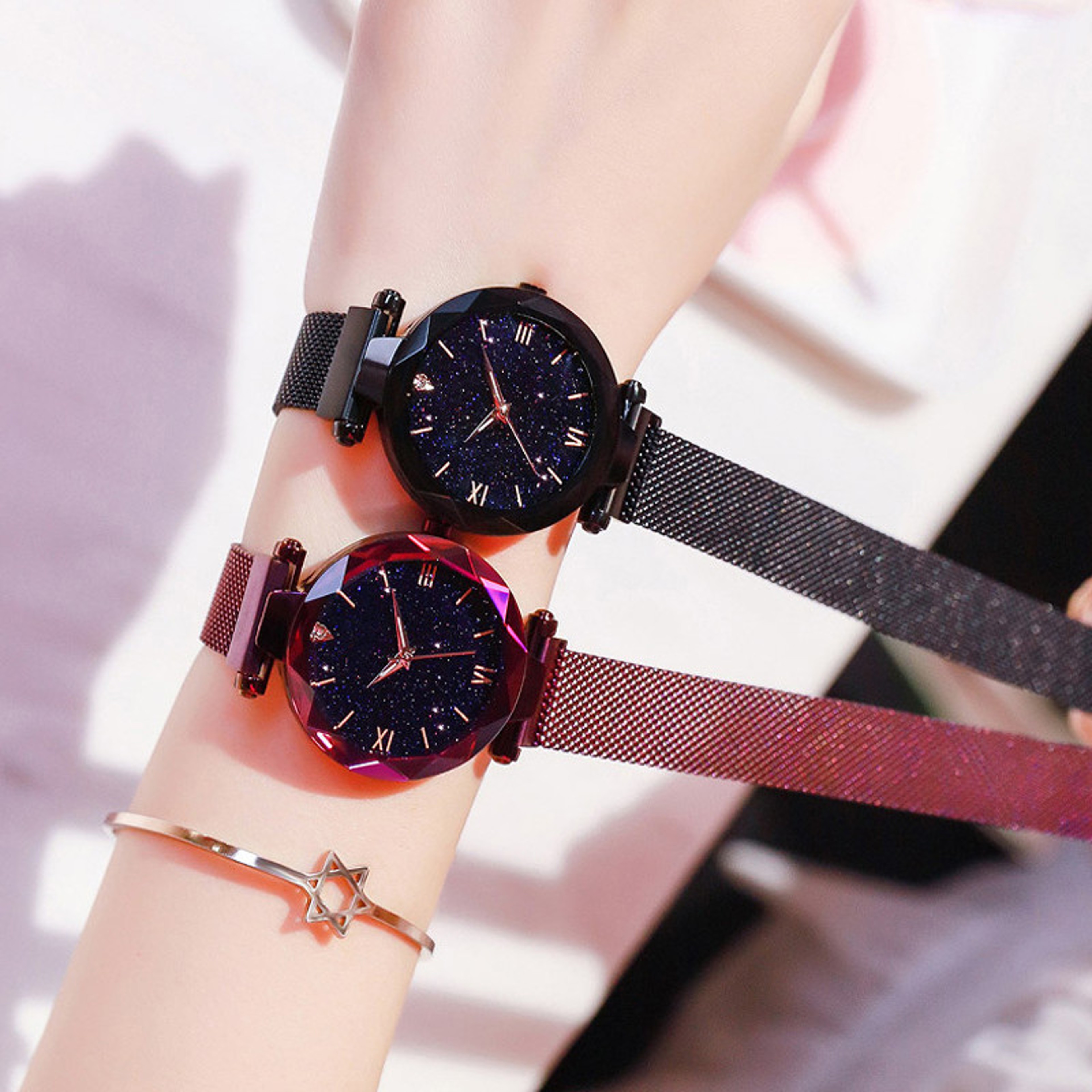 Women Dress Clock Diamond Quartz Watch Starry Sky Mesh Belt Magnet Buckle Watch 2