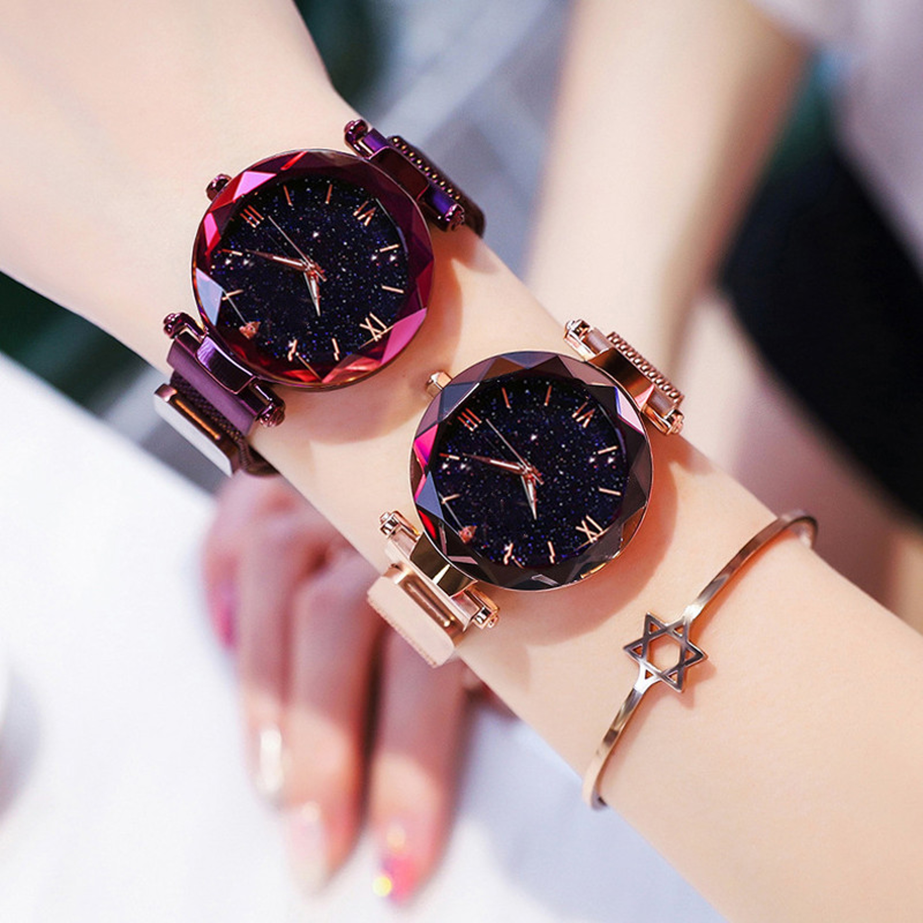 Women Dress Clock Diamond Quartz Watch Starry Sky Mesh Belt Magnet Buckle Watch 0