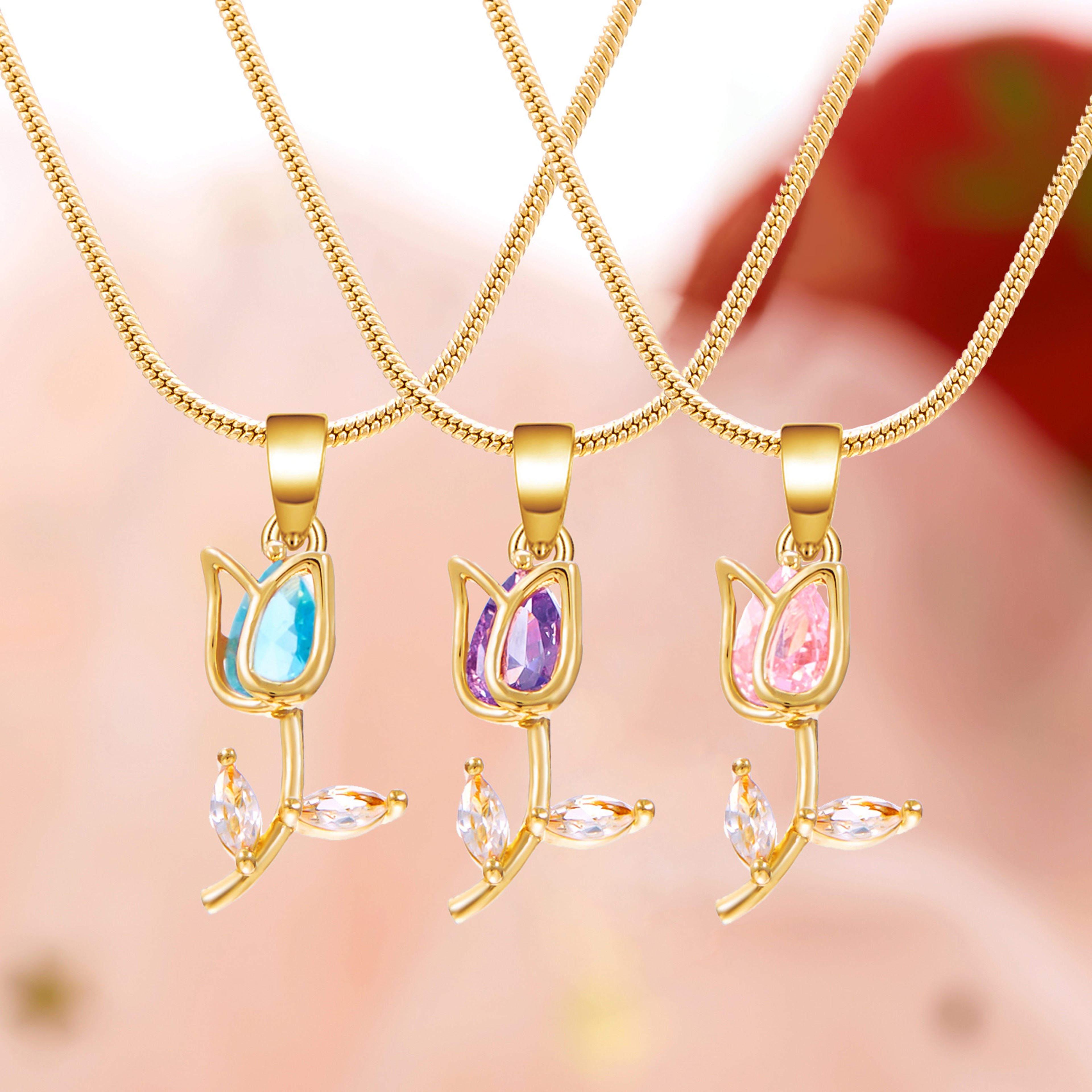 Elegant Stainless Steel Clavicle Chain Light Luxury Zircon Tulip Flower Pendant Necklace For Women  0