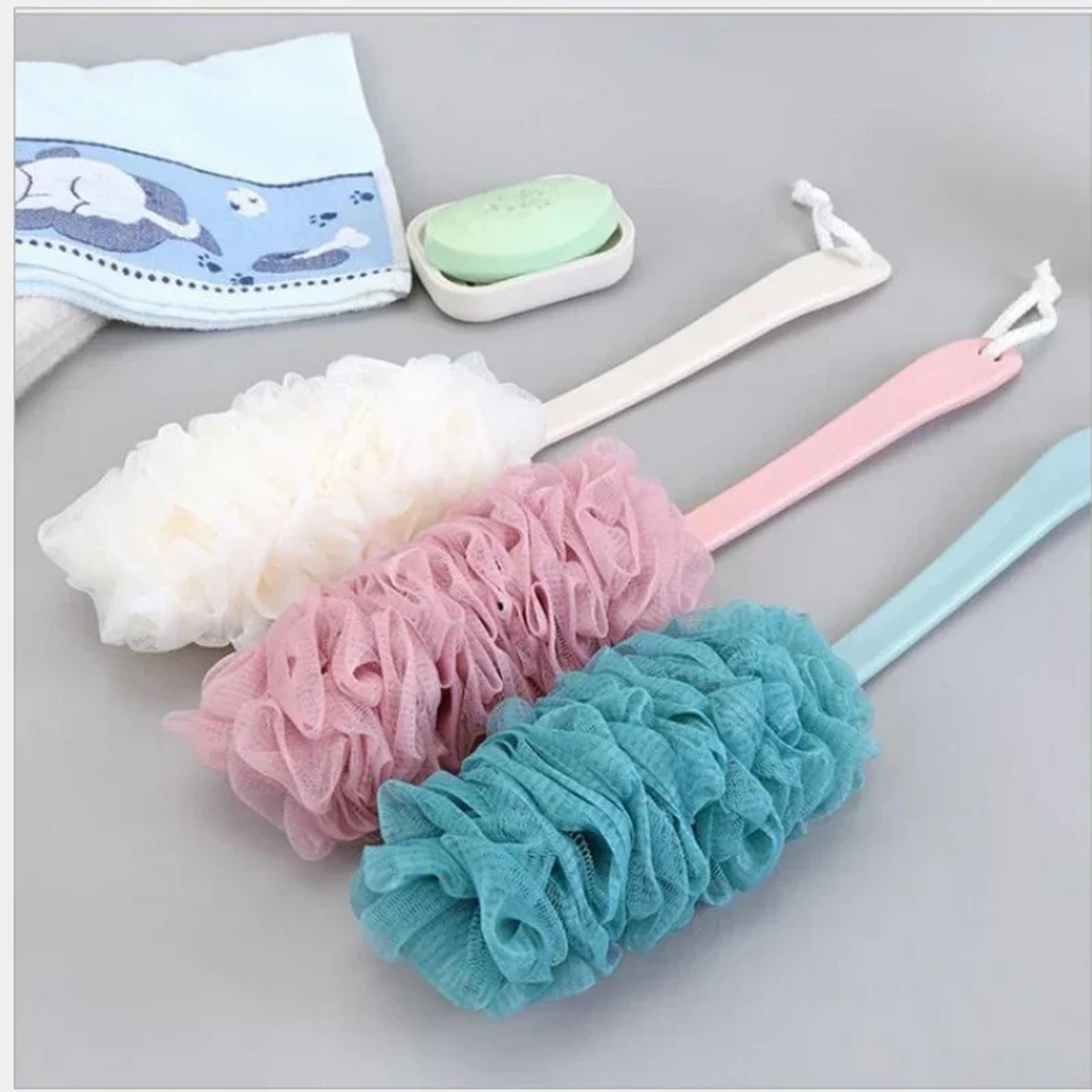Hanging Mesh Back Scrubber Brush Long Handle Soft Exfoliating Shower Sponge For Body 3
