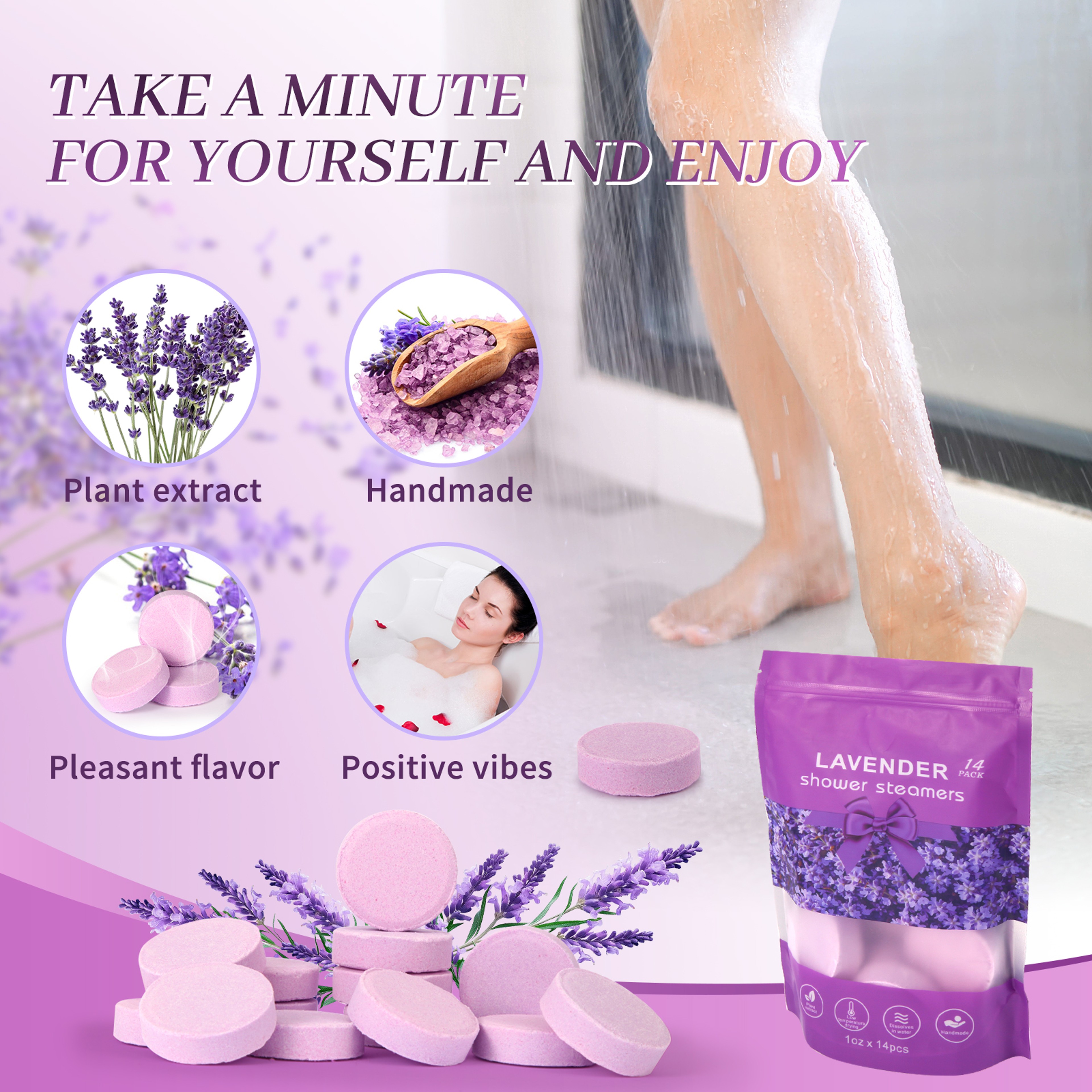 Natural Lavender Shower Bomb Essential Oil Moisturizing Bath Salt Tablets Stress Relieving for Men and Women – view 3
