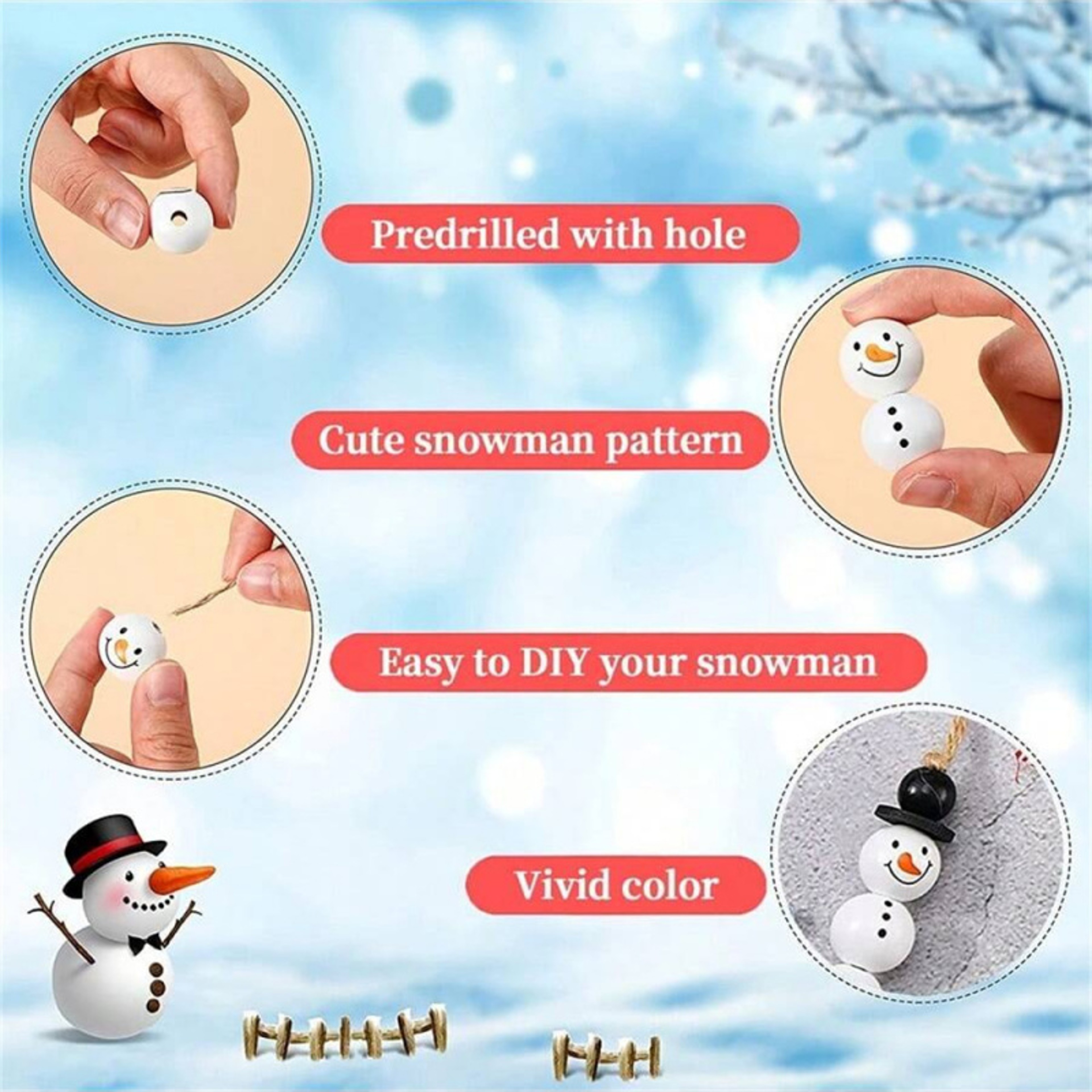 DIY Christmas Snowman Wooden Beads Kit Festive Decoration Set With Jute Rope For Holiday Craft Proj 2