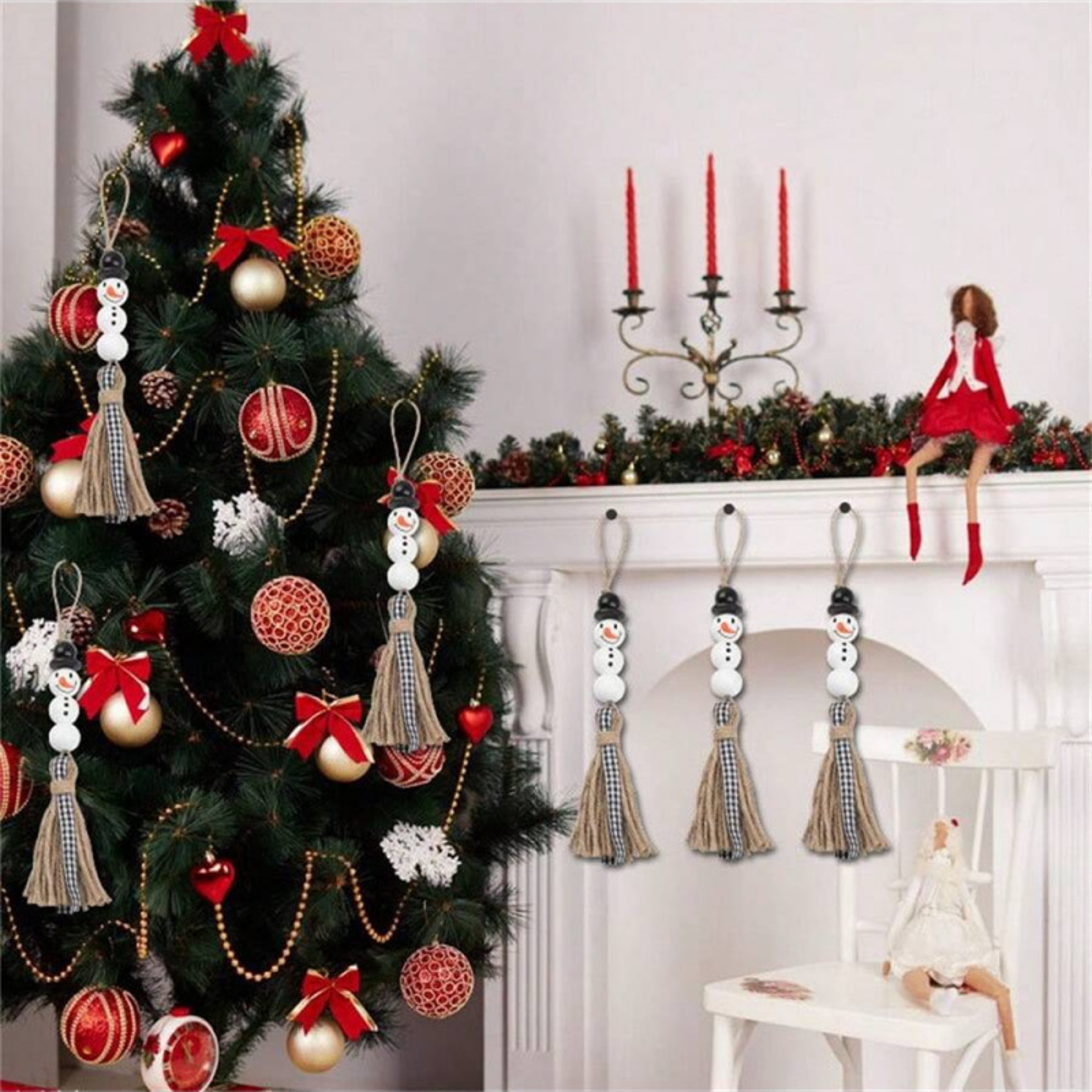 DIY Christmas Snowman Wooden Beads Kit Festive Decoration Set With Jute Rope For Holiday Craft Proj 3