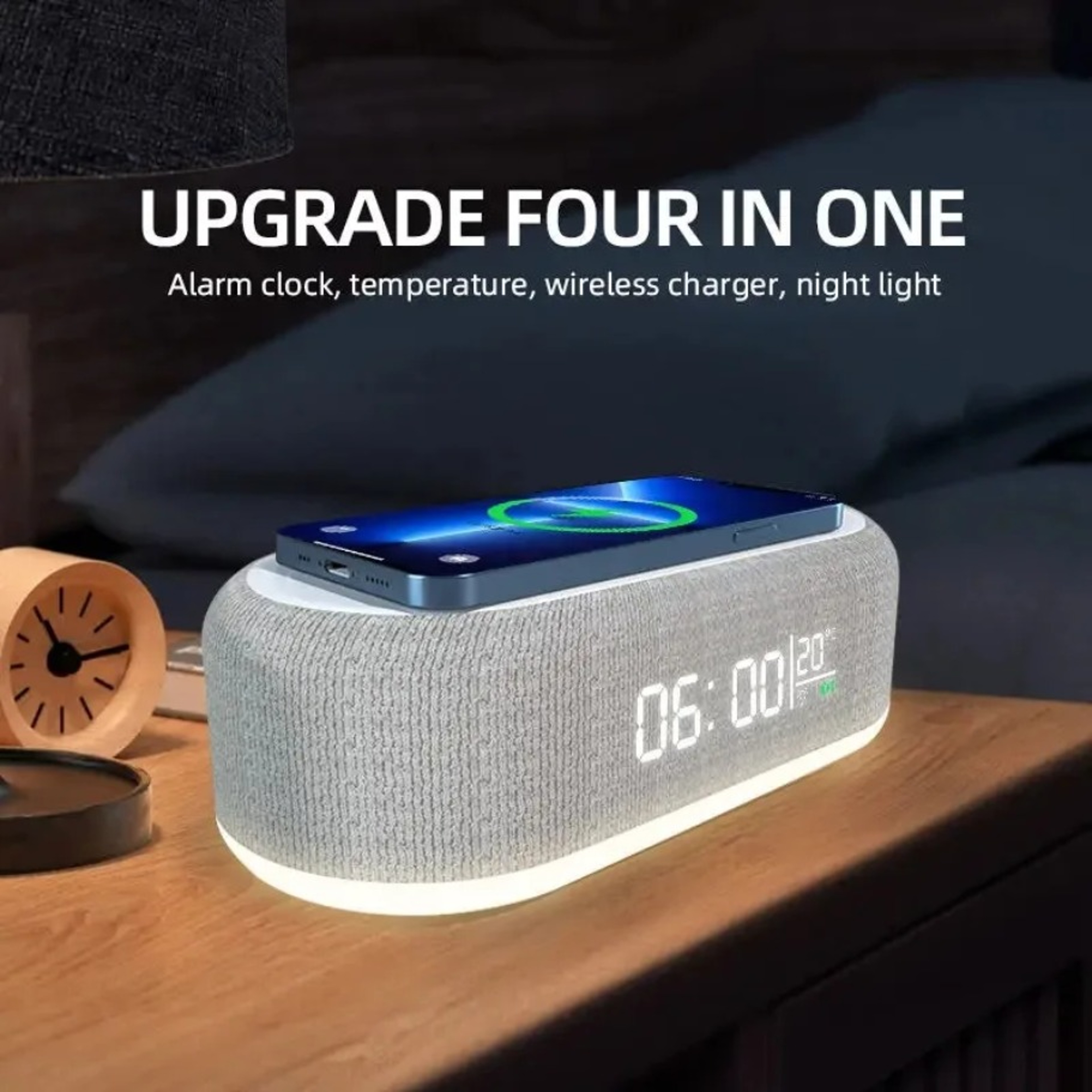 Wireless Charging Alarm Clock Dock Bedroom Night Light Lamp Phone Fast Charging Pad 4