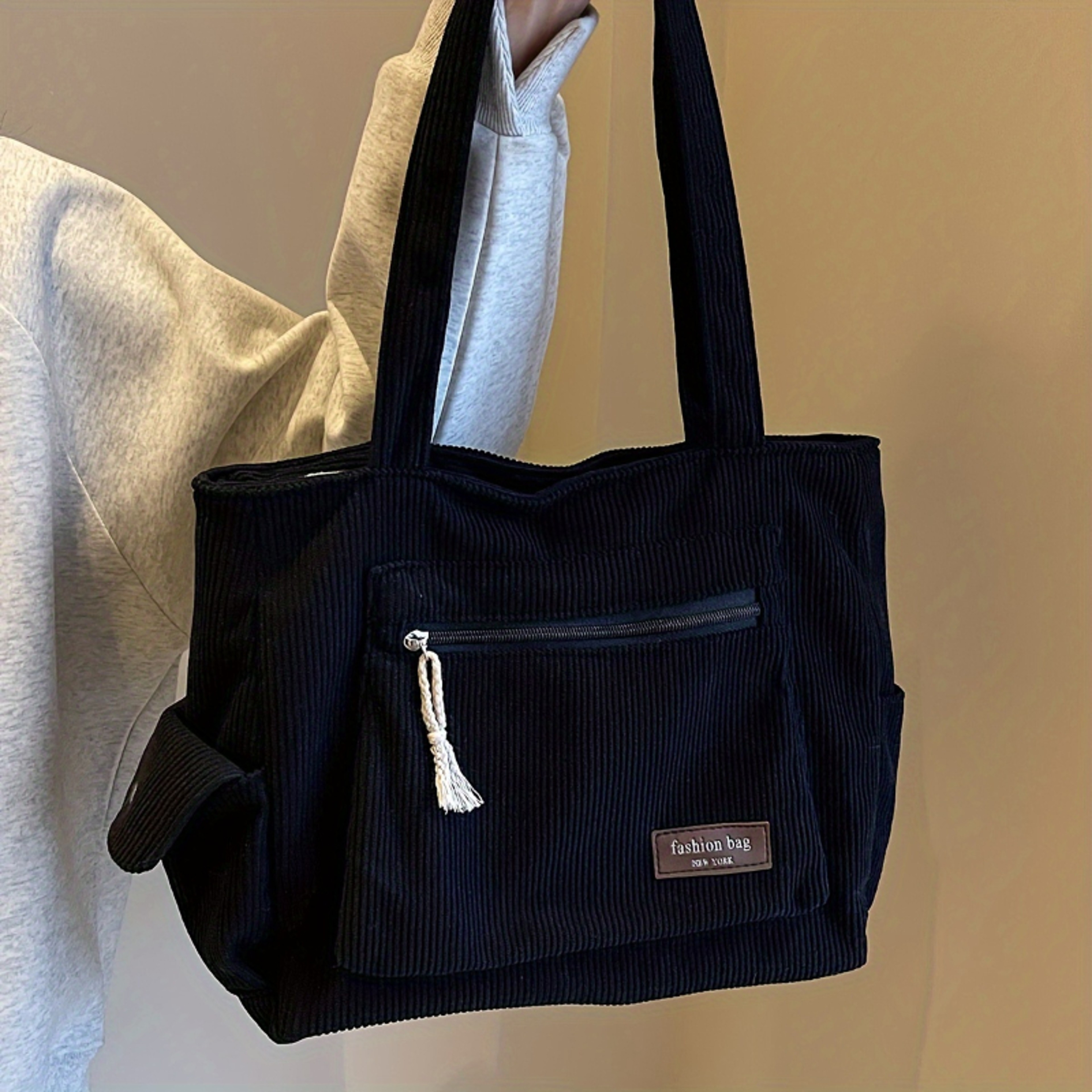 Retro Multi Pockets Handbag Simple Corduroy Tote Bag Solid Color Shoulder Bag For School Work Shopp 6