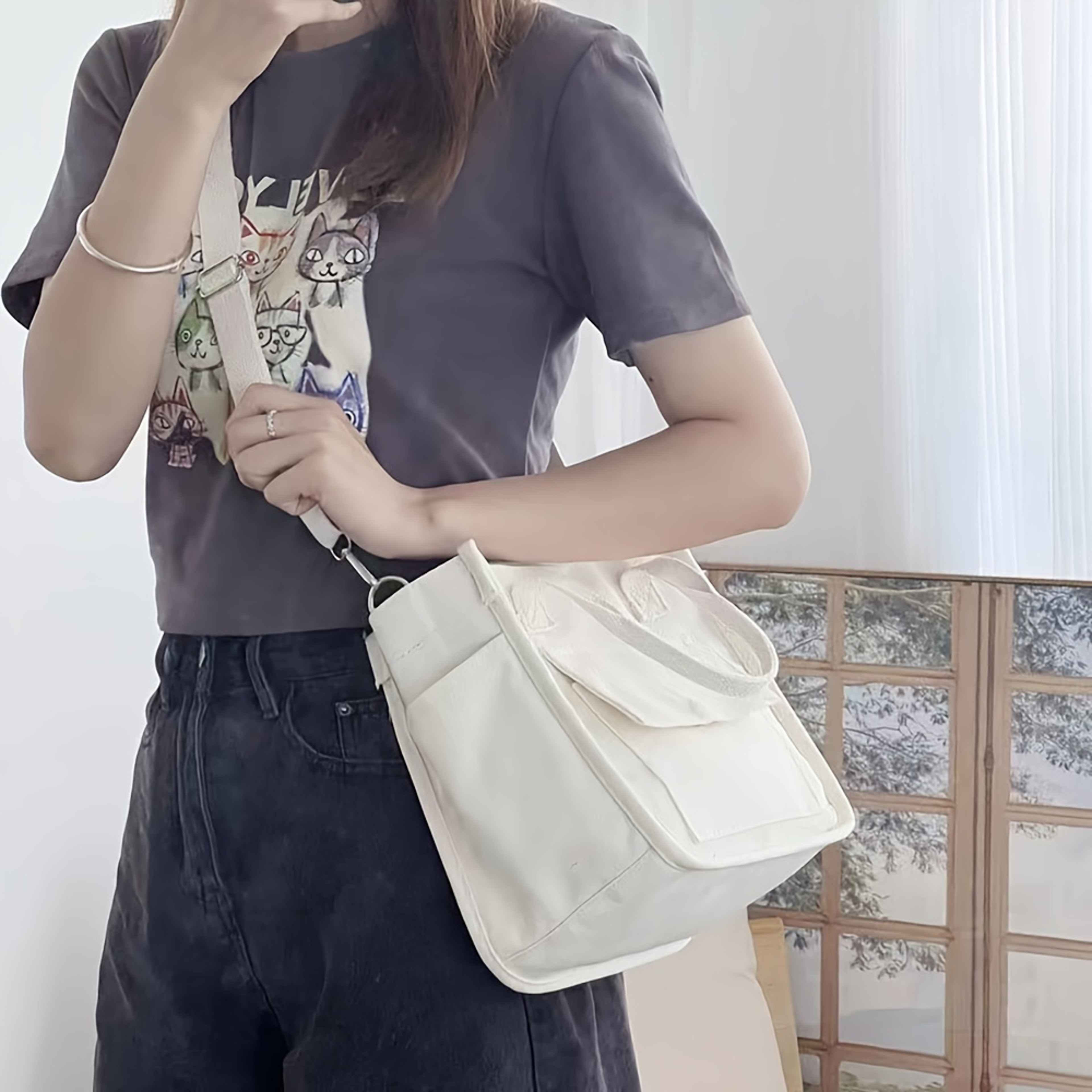 Cute Small Canvas Tote Bag With Pockets Crossbody Bags For Women Office Work Handbags Shoulder Purs 3