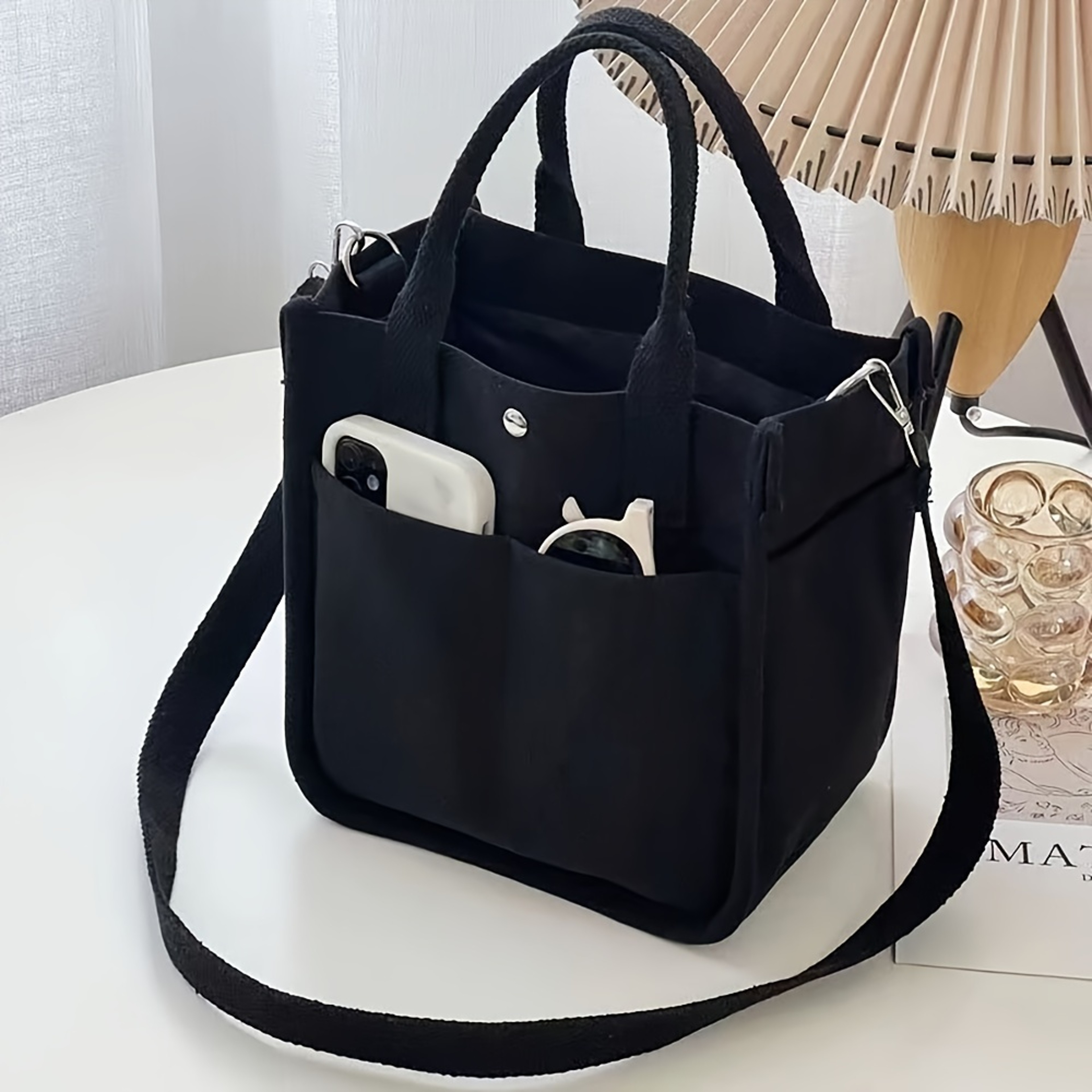 Cute Small Canvas Tote Bag With Pockets Crossbody Bags For Women Office Work Handbags Shoulder Purs 6