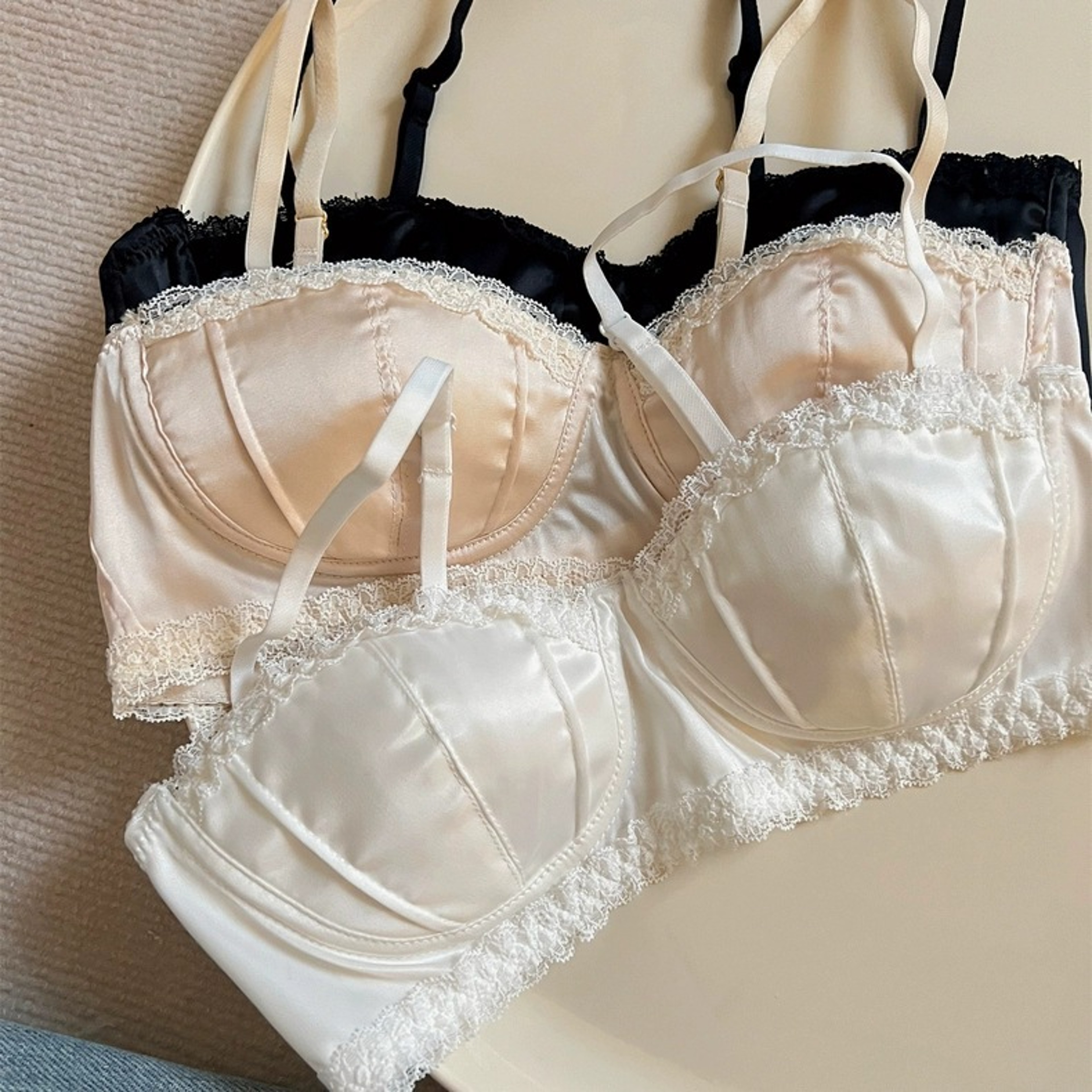 Sexy French Satin Underwire Bra with Lace Rimmed Seashell Cup Thin Half Cup Lingerie for Women – view 1