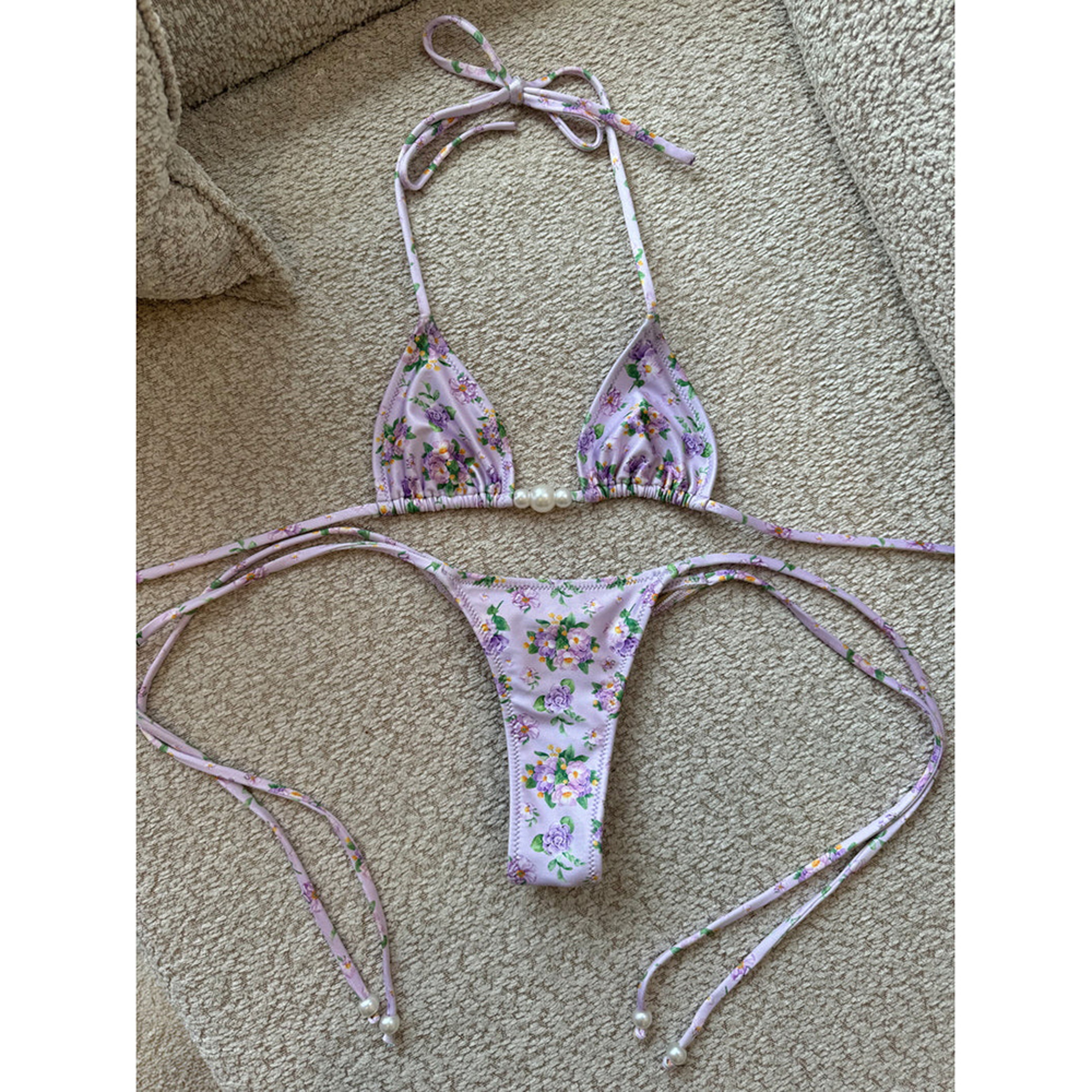 Sexy Micro Bikini Swimwear Women Push Up Bikini Set Luxury Print Halter Pearl Beachwear 3