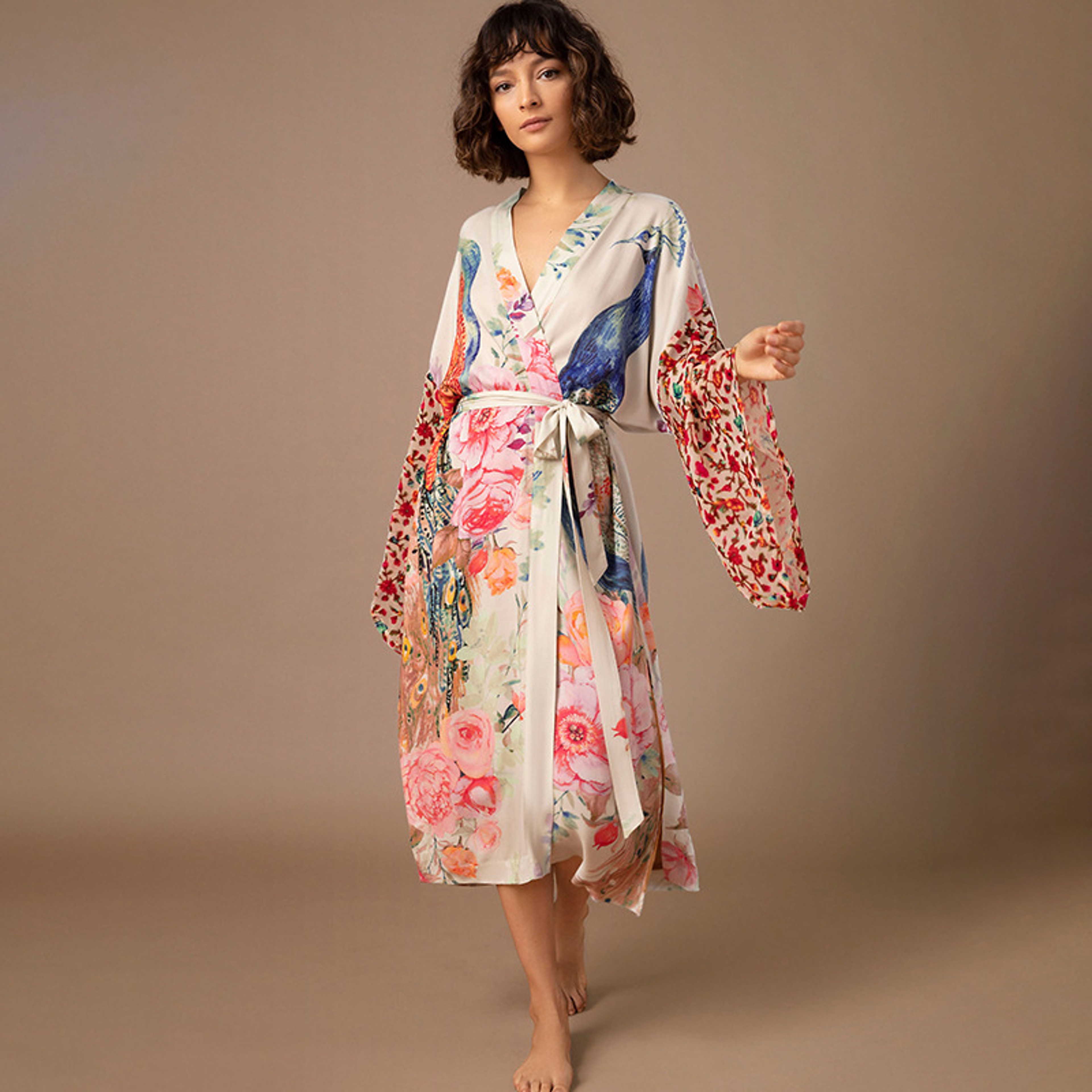 Peacock Printed Beach Kimono for Women, Self Belted Wrap Dresses, Swimsuit Cover Up, Seaside Bathing Suits, Beachwear – view 8