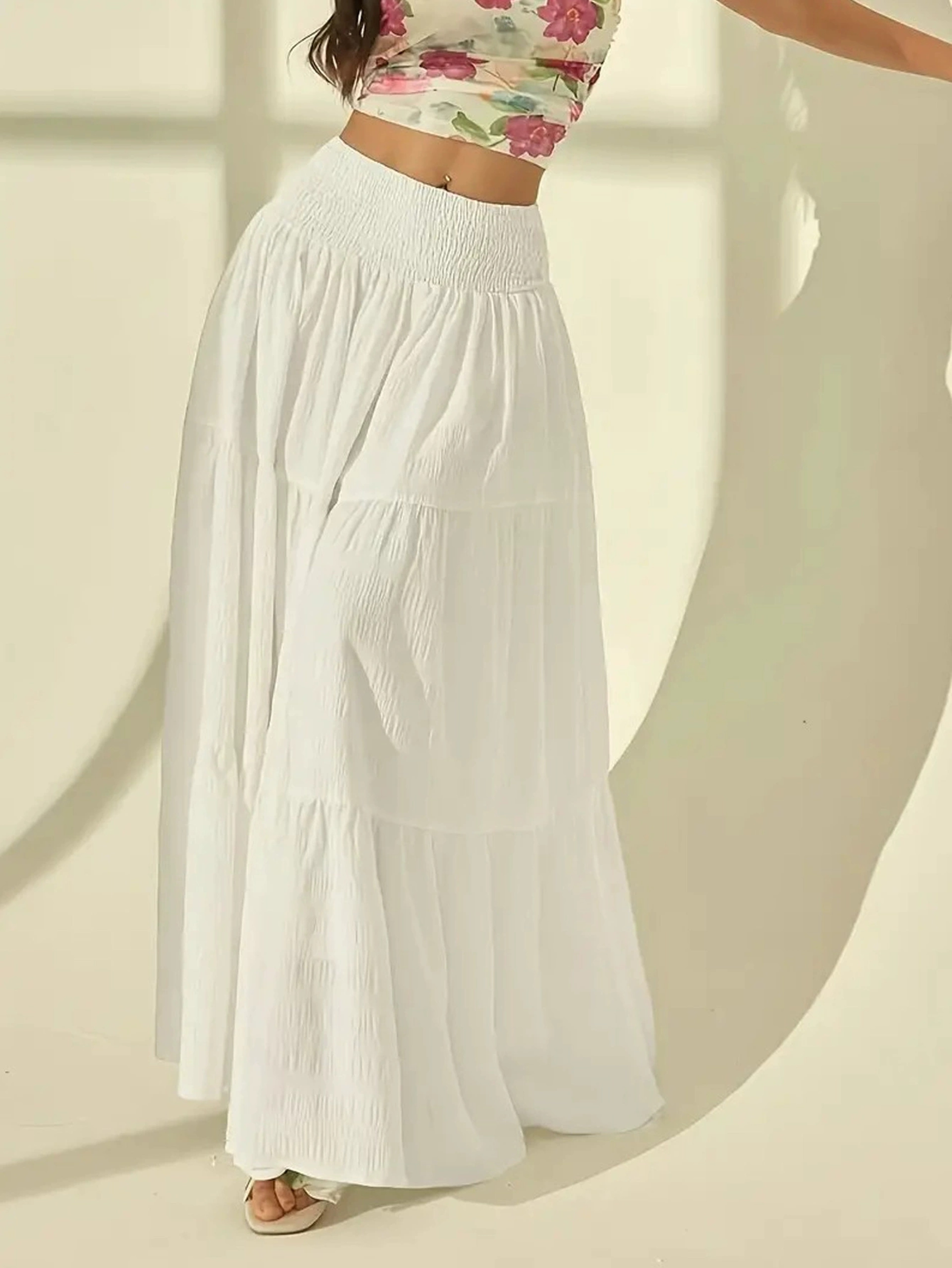 Elastic Waist Women Fashion Tiered Maxi Skirt Aline Casual Solid Color Faldas Mujer Streetwear Long 2
