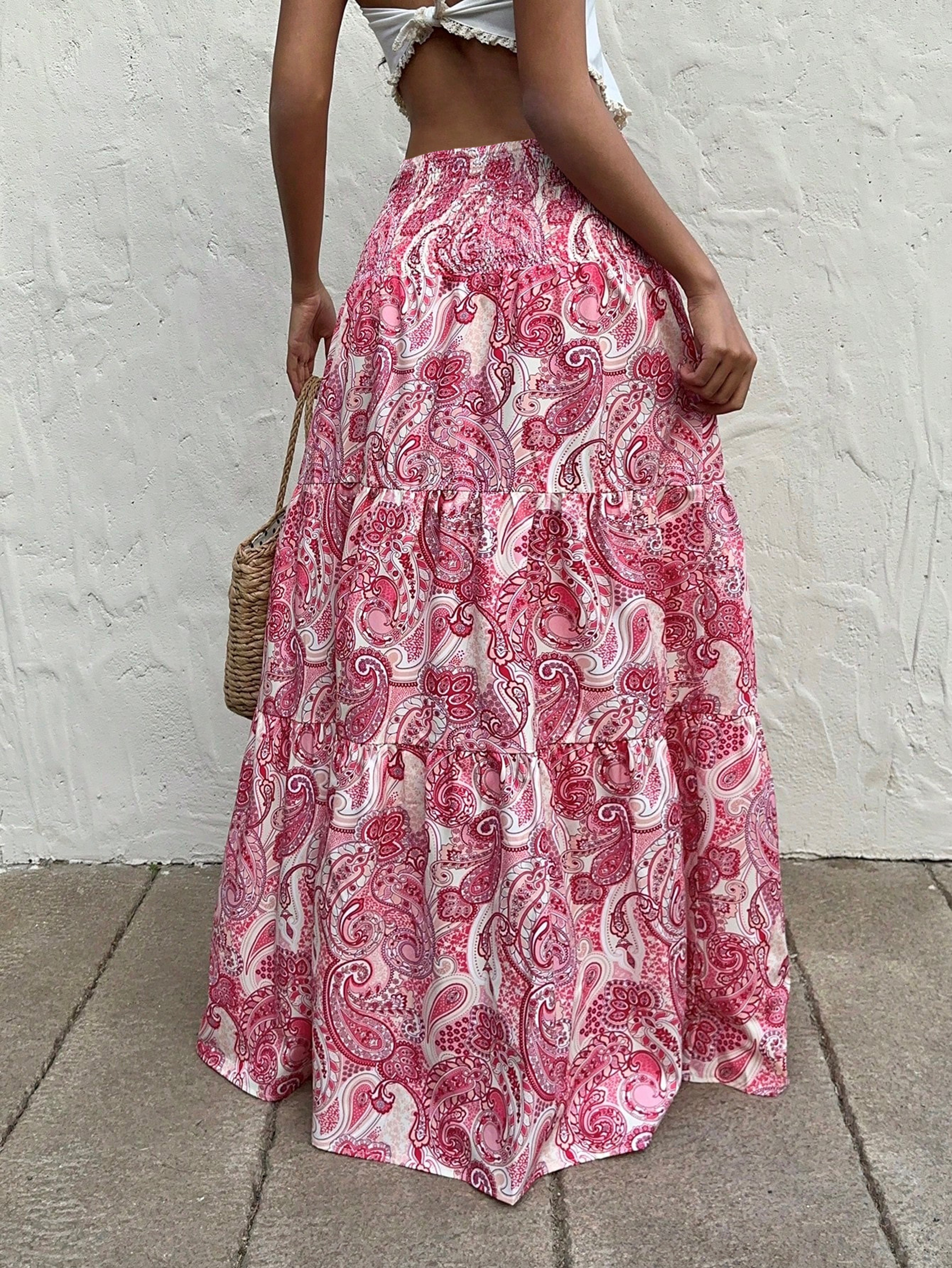 Stretchy Waist Long Maxi Skirt Flowy Vacation Style Beach Skirt With Elastic Waistband 2
