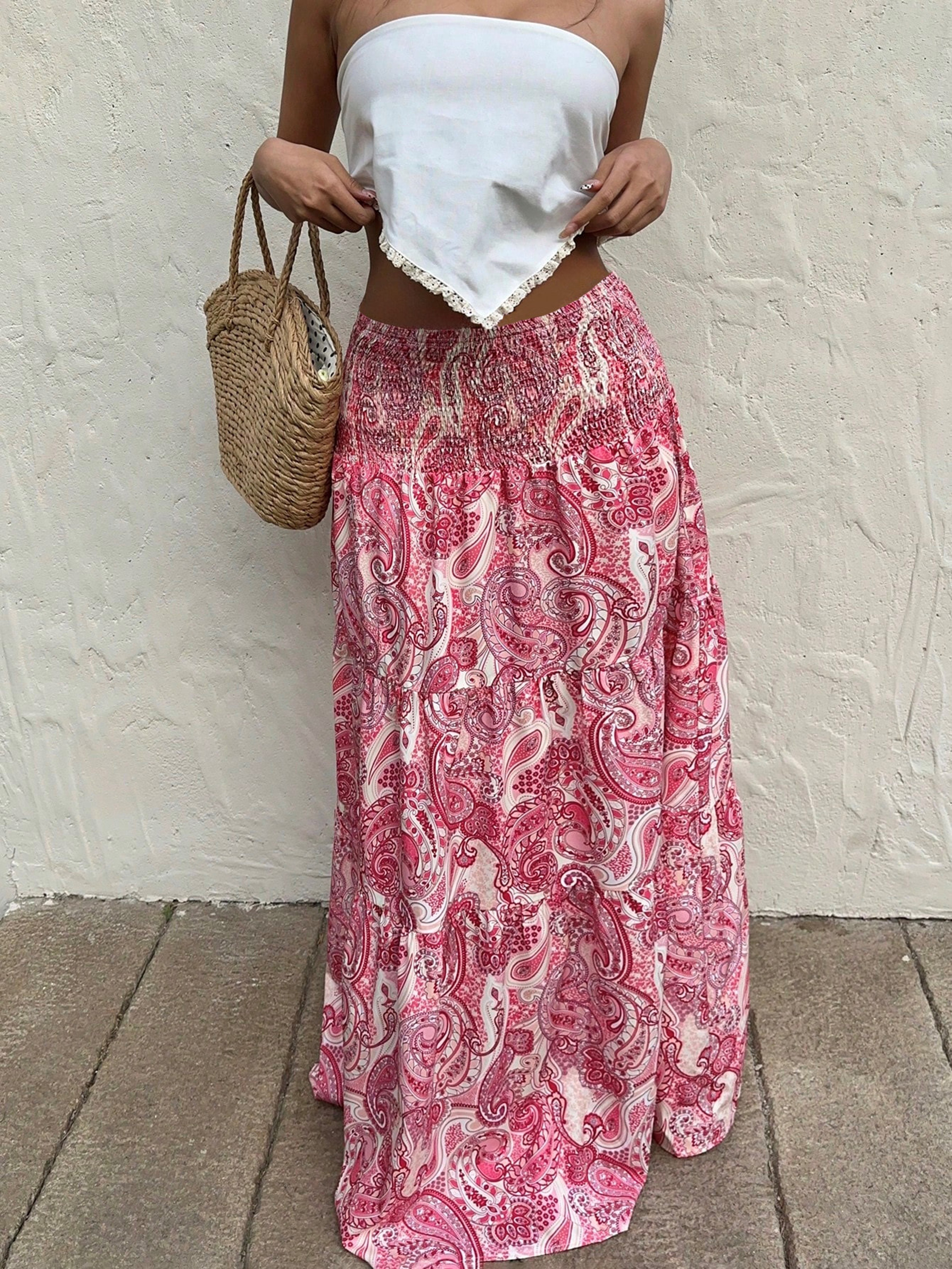 Stretchy Waist Long Maxi Skirt Flowy Vacation Style Beach Skirt With Elastic Waistband 5