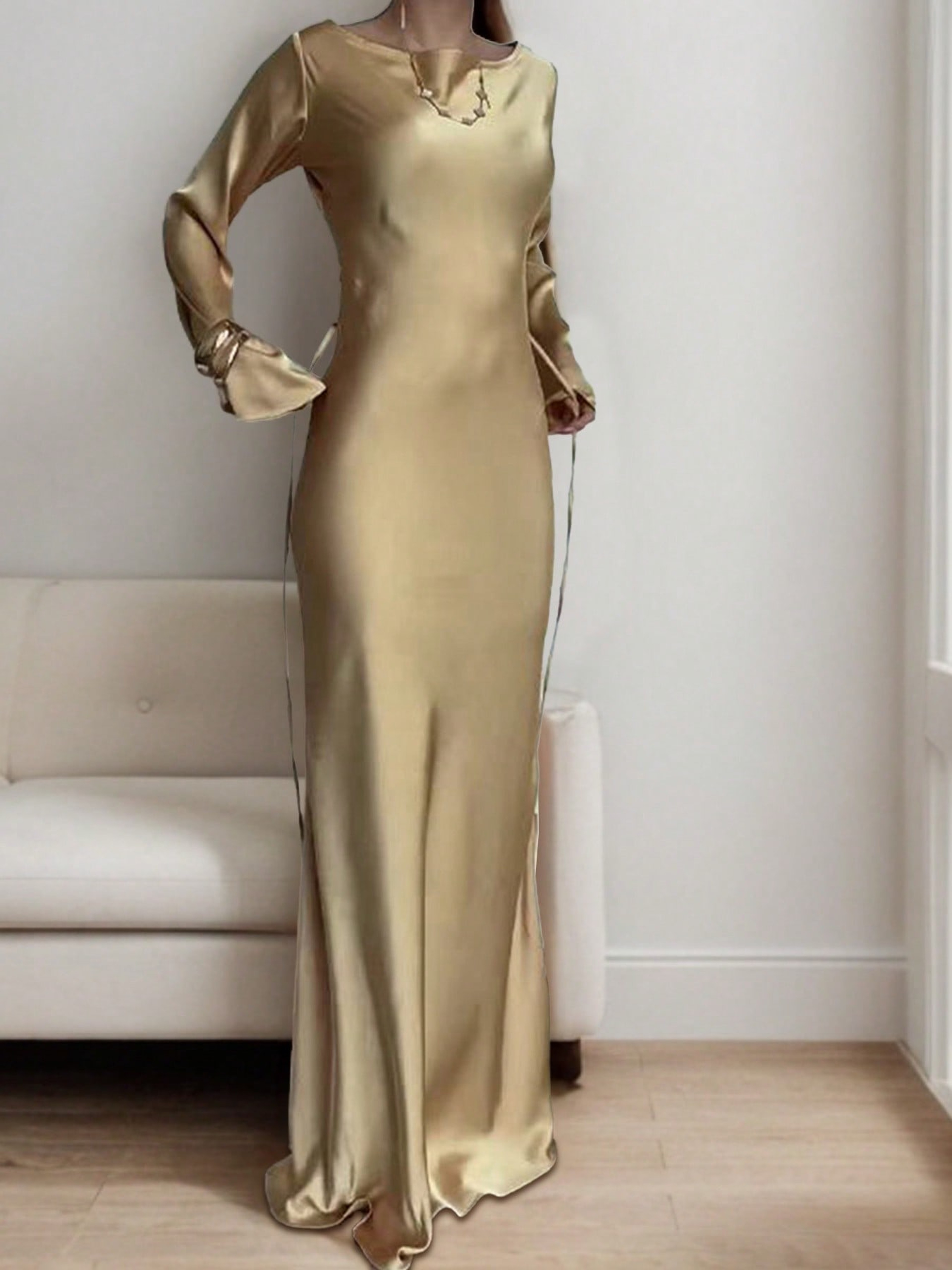 Luxury Evening Dress Womens Bespoke Satin Maxi Dress With Corset Waist Tie And Classic Round Neck 0