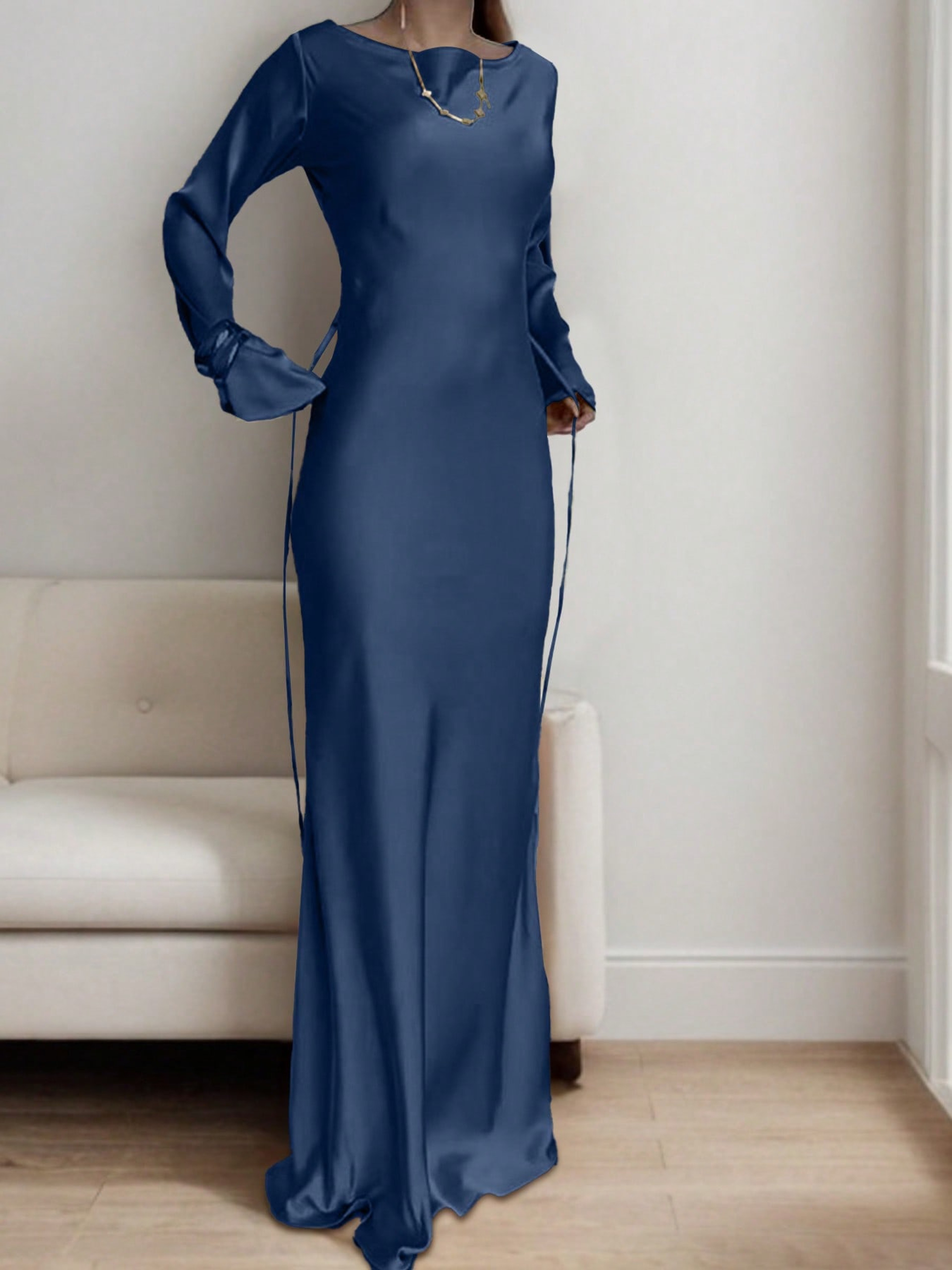 Luxury Evening Dress Womens Bespoke Satin Maxi Dress With Corset Waist Tie And Classic Round Neck 2