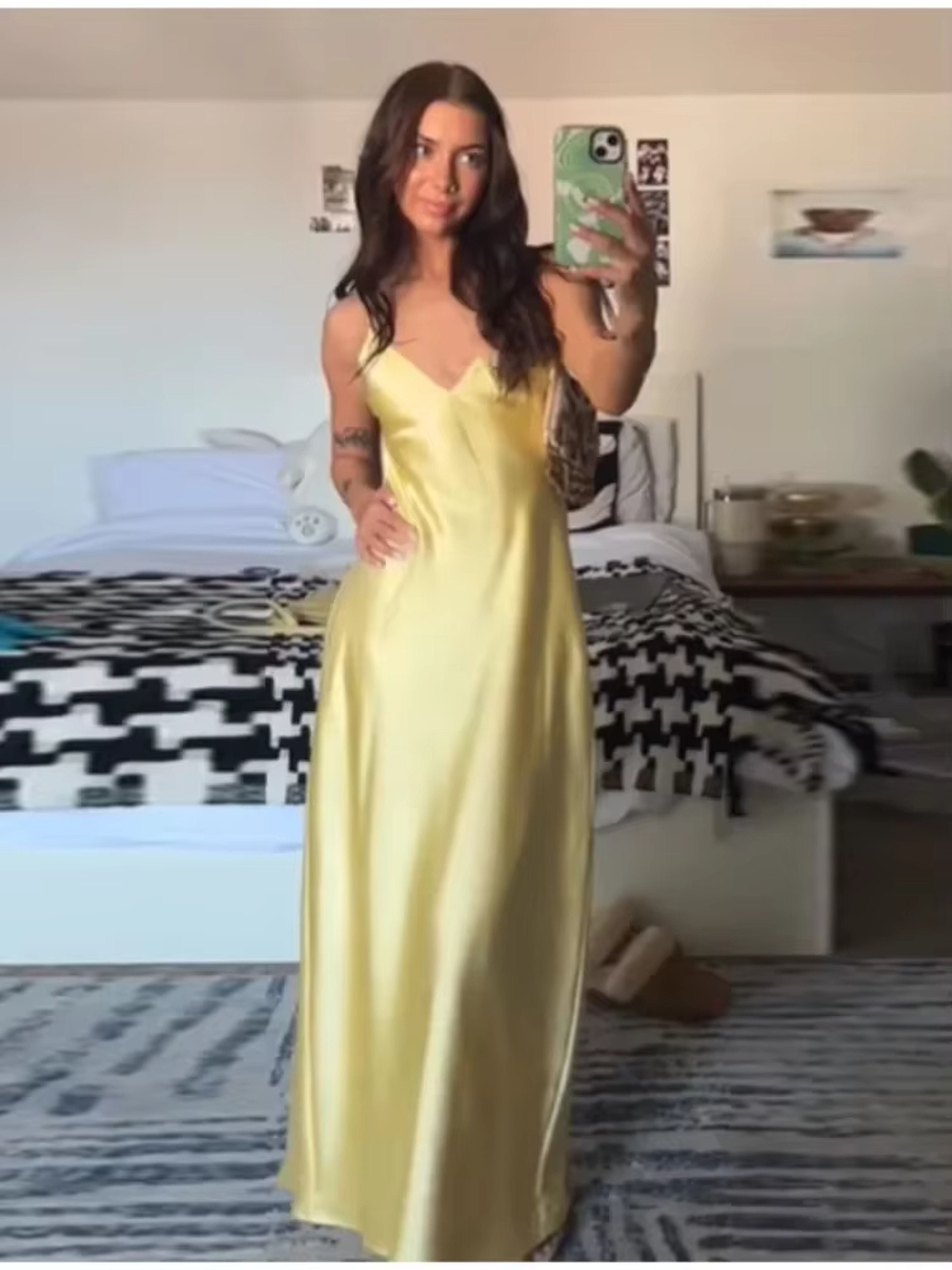 Elegant Women Summer Yellow Stain V Neck Sling Dress Loose Maxi Robes Sleeveless Party Dresses 4